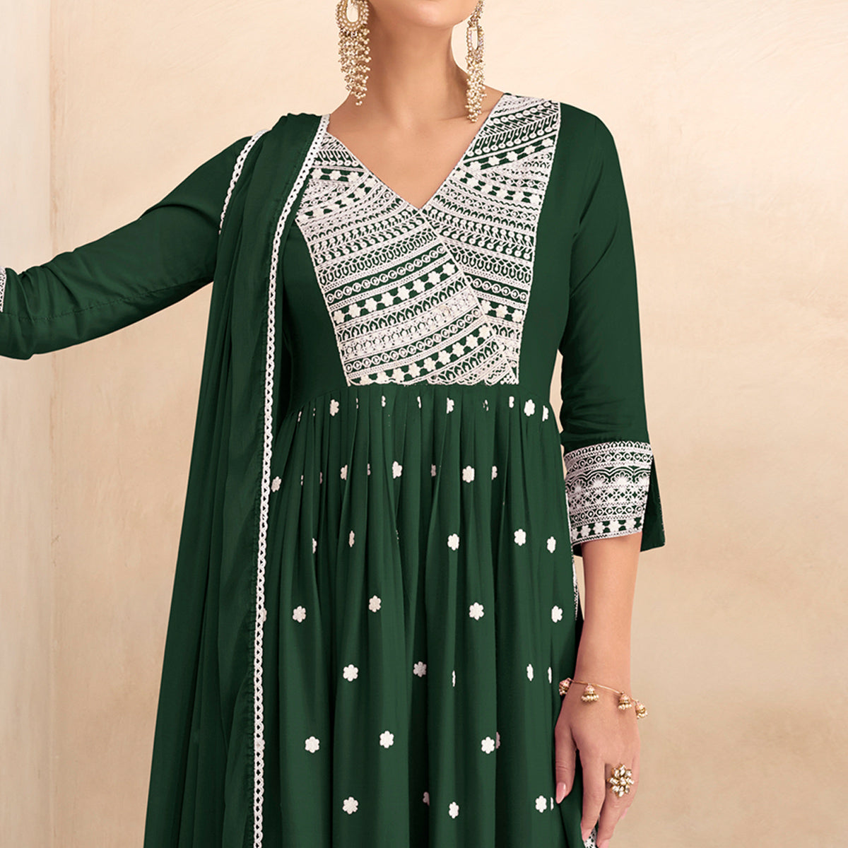 Green Lucknowi Work Rayon Naira Cut Suit