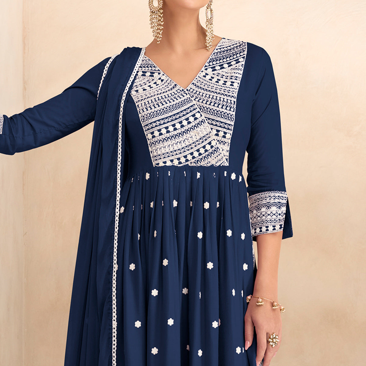 Blue Lucknowi Work Rayon Naira Cut Suit