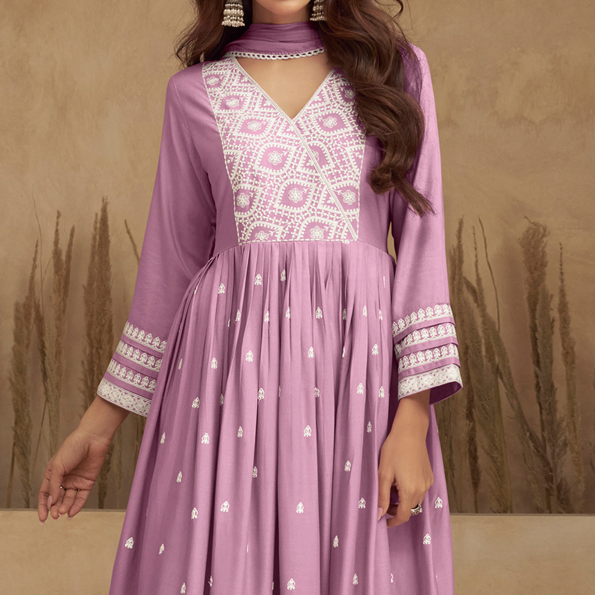 Pink Lucknowi Embroidered Rayon Naira Cut Suit