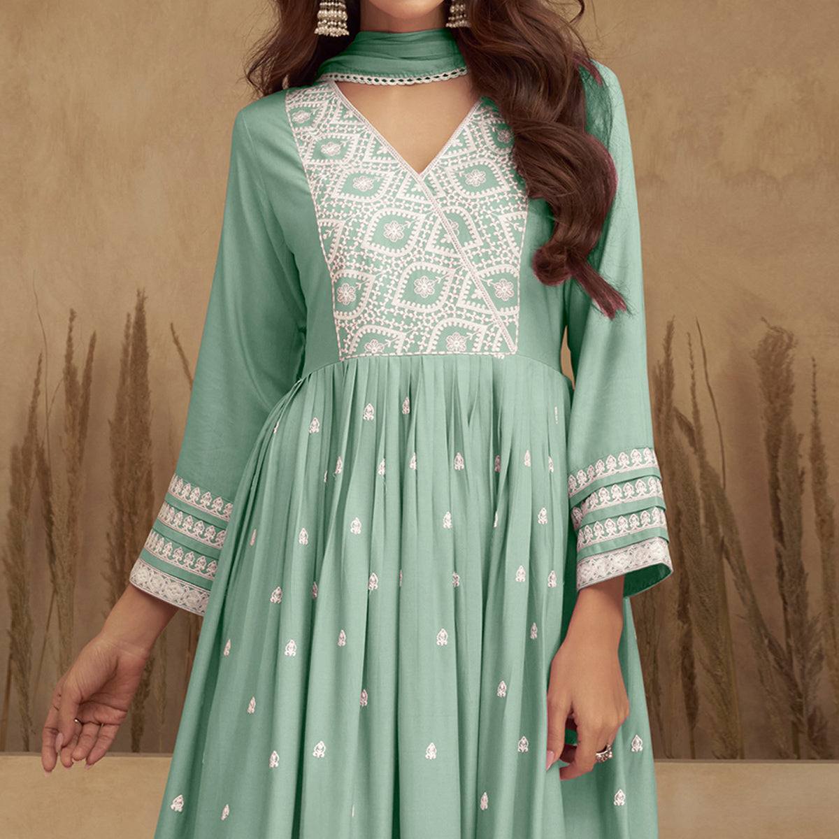 Sea Green Lucknowi Embroidered Rayon Naira Cut Suit