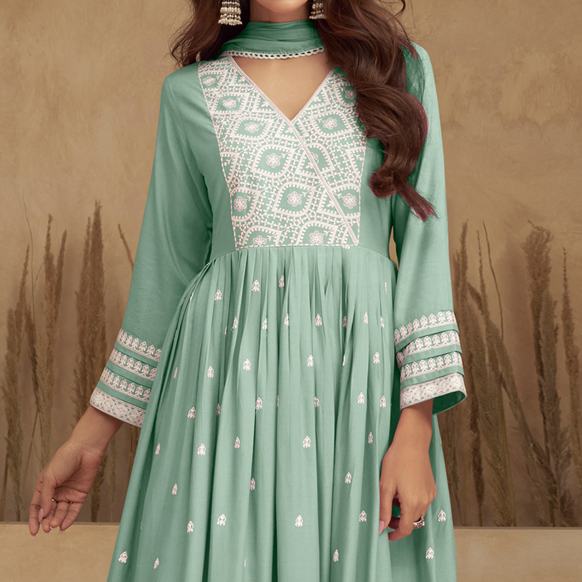 Green Lucknowi Embroidered Rayon Naira Cut Suit