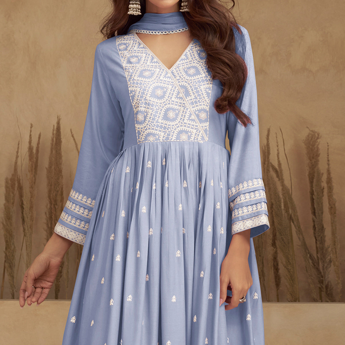 Blue Lucknowi Embroidered Rayon Naira Cut Suit