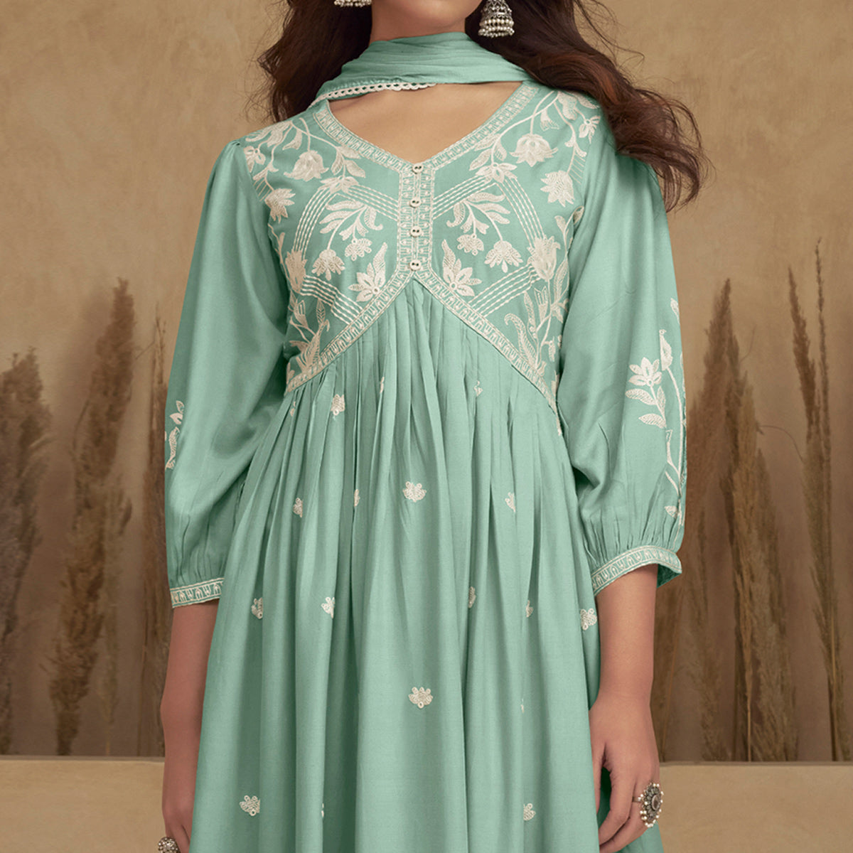 Turquoise Lucknowi Embroidered Rayon Alia Cut Suit