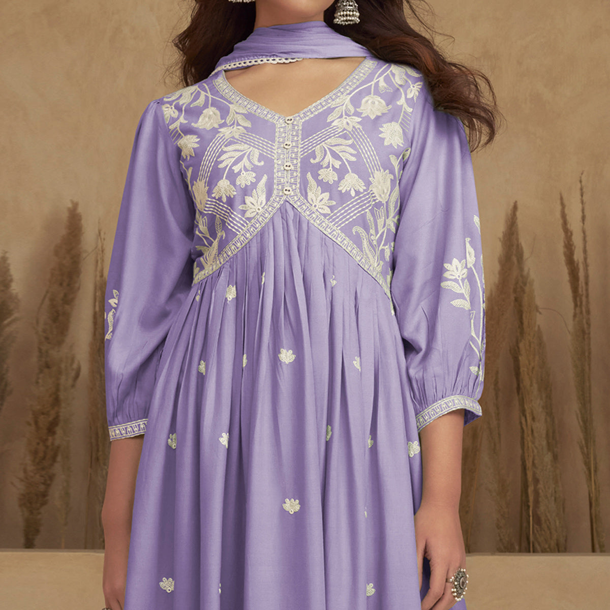 Purple Lucknowi Embroidered Rayon Alia Cut Suit