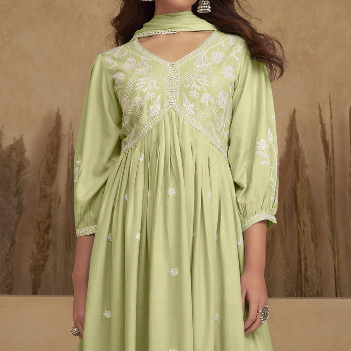 Green Lucknowi Embroidered Rayon Alia Cut Suit