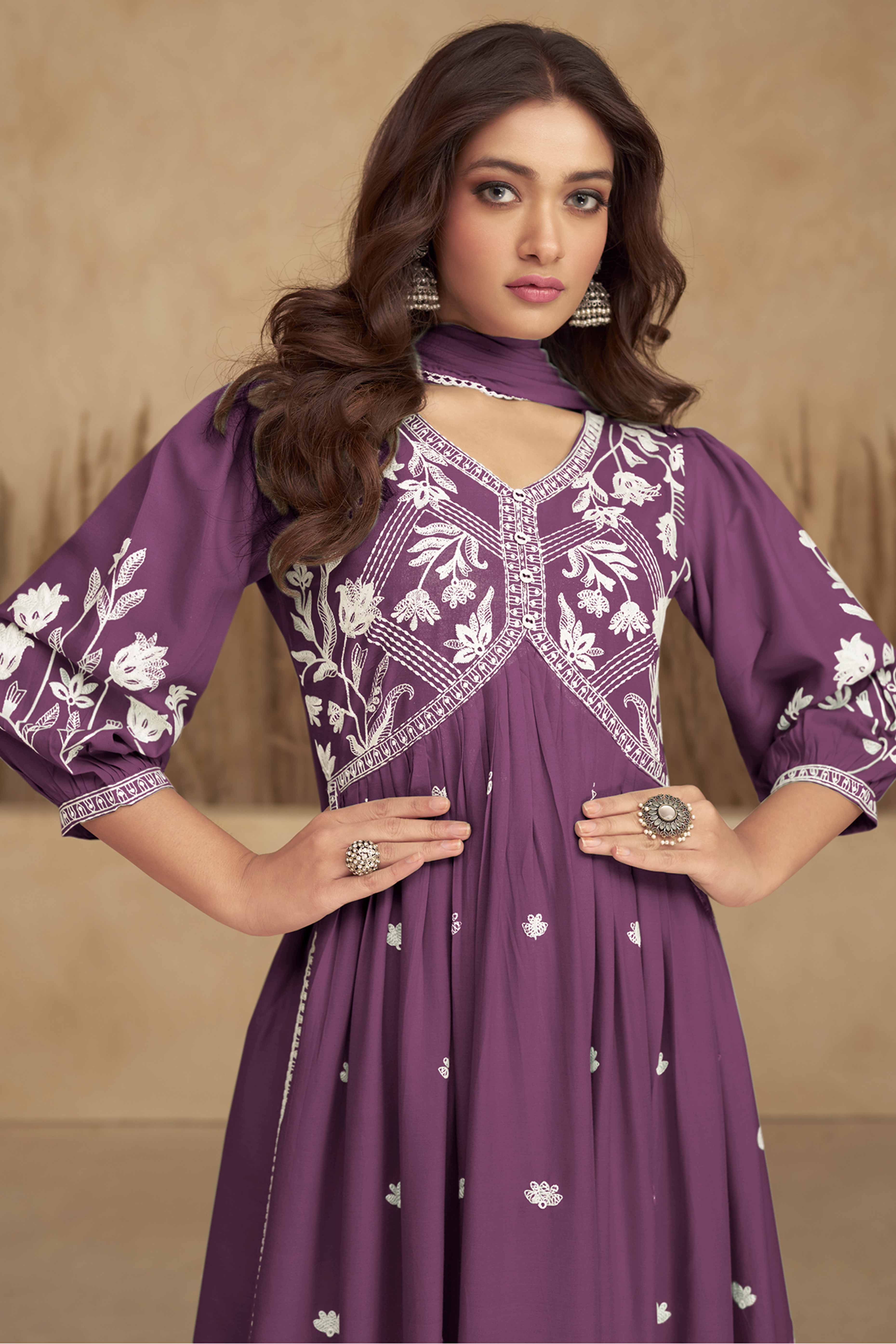 Dark Purple Alia Cut Rayon Suit with Classic Lucknowi Embroidery