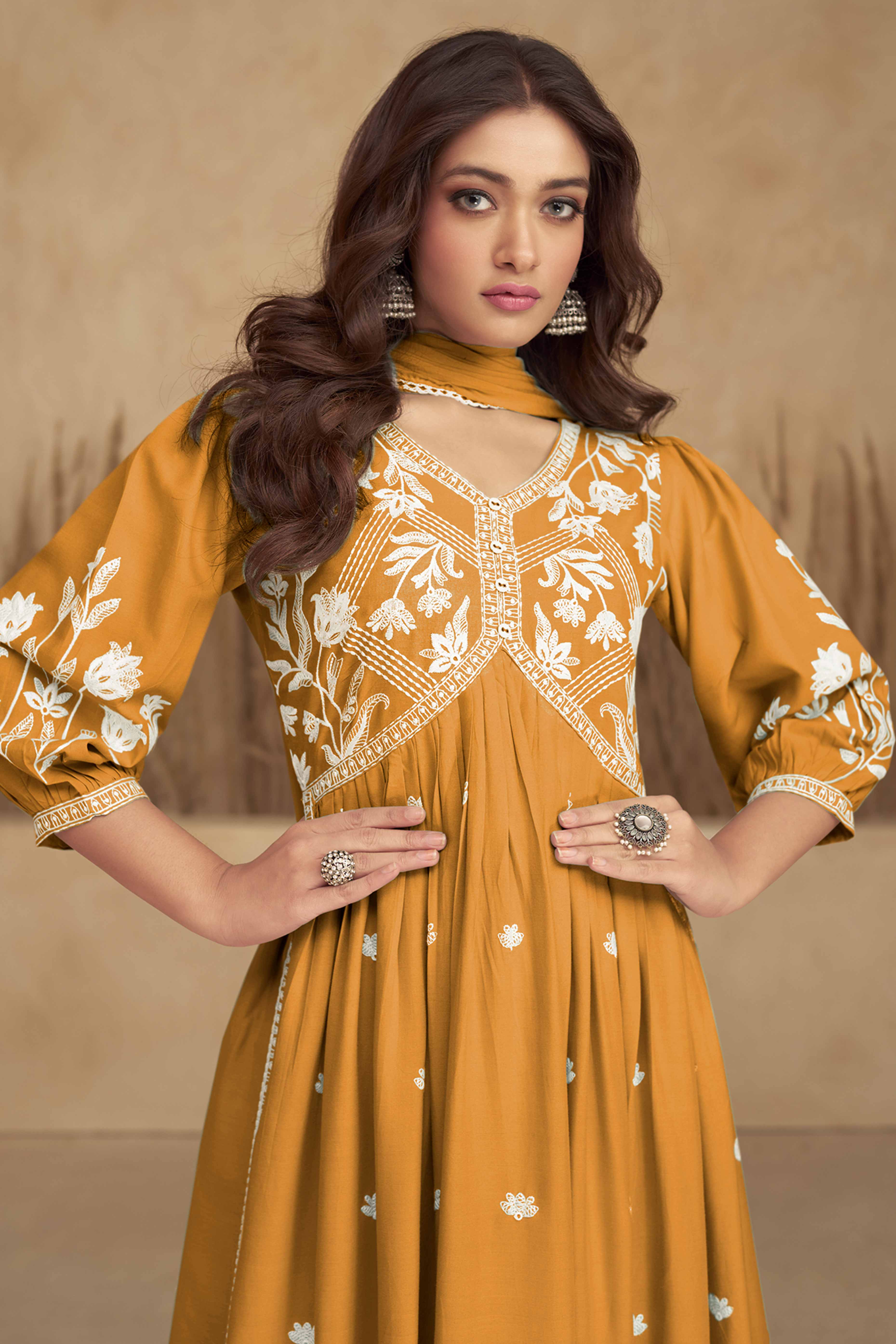Mustard Alia Cut Rayon Suit with Classic Lucknowi Embroidery