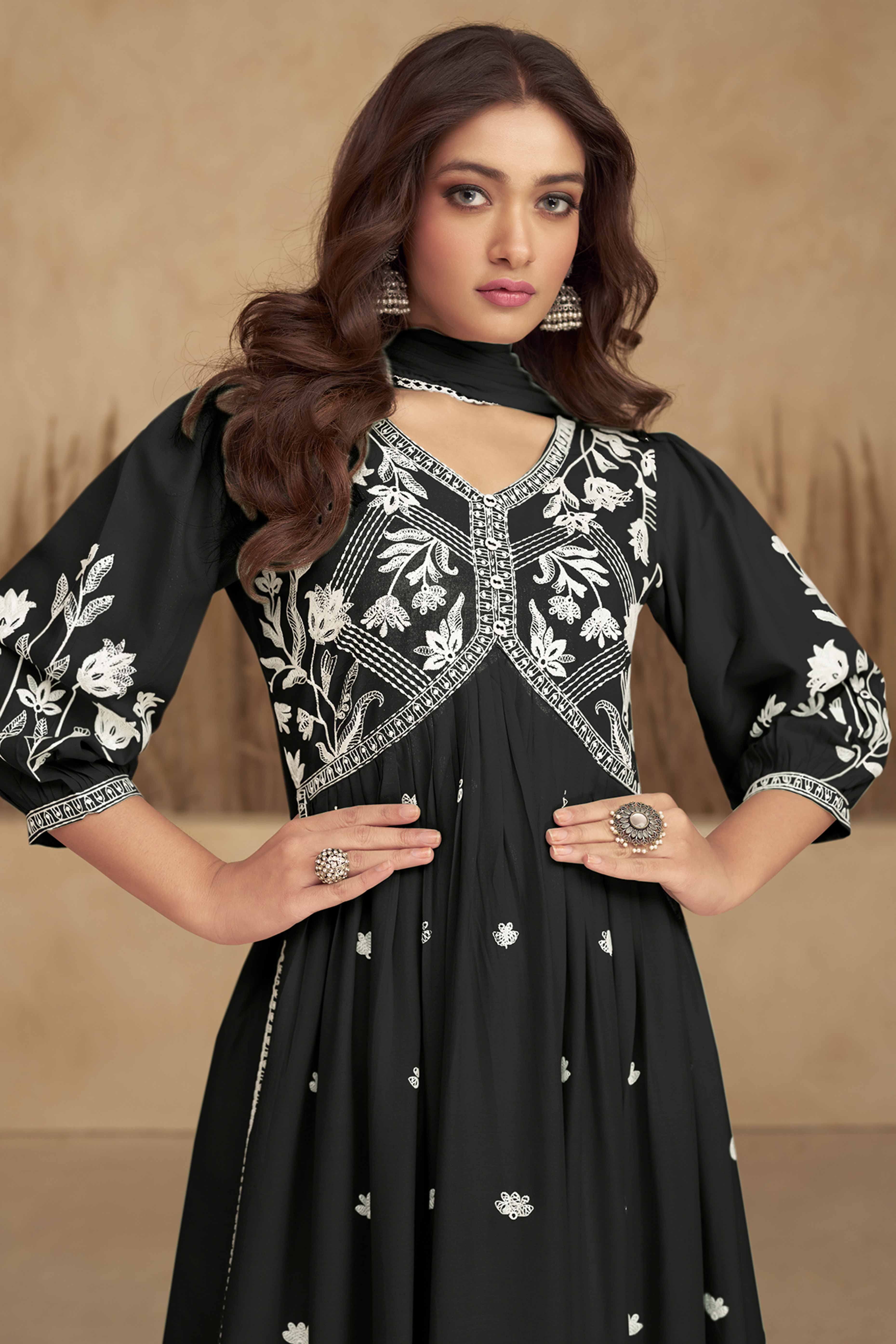 Black Alia Cut Rayon Suit with Classic Lucknowi Embroidery