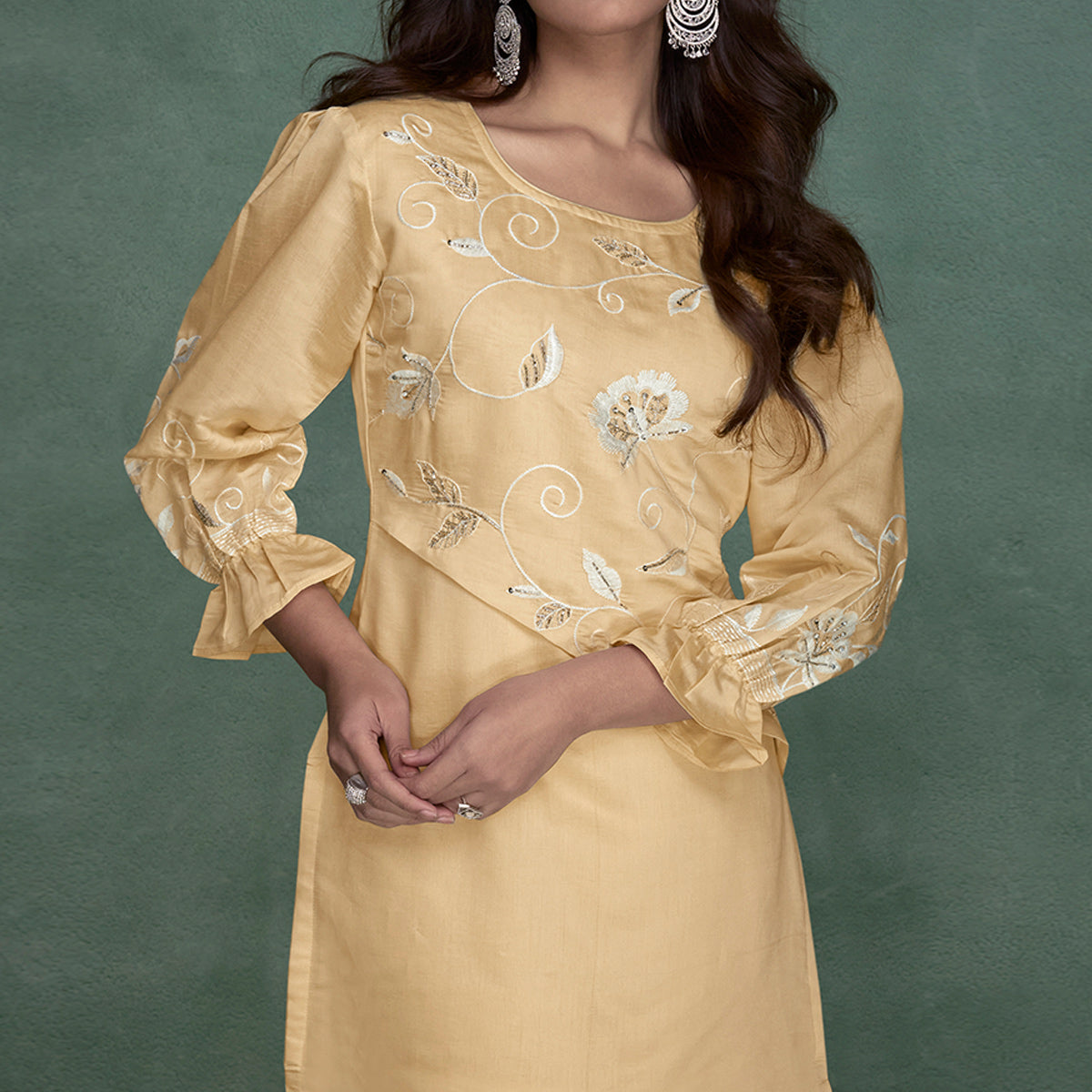 Yellow Floral Embroidered With Handwork Viscose Co Ord Set