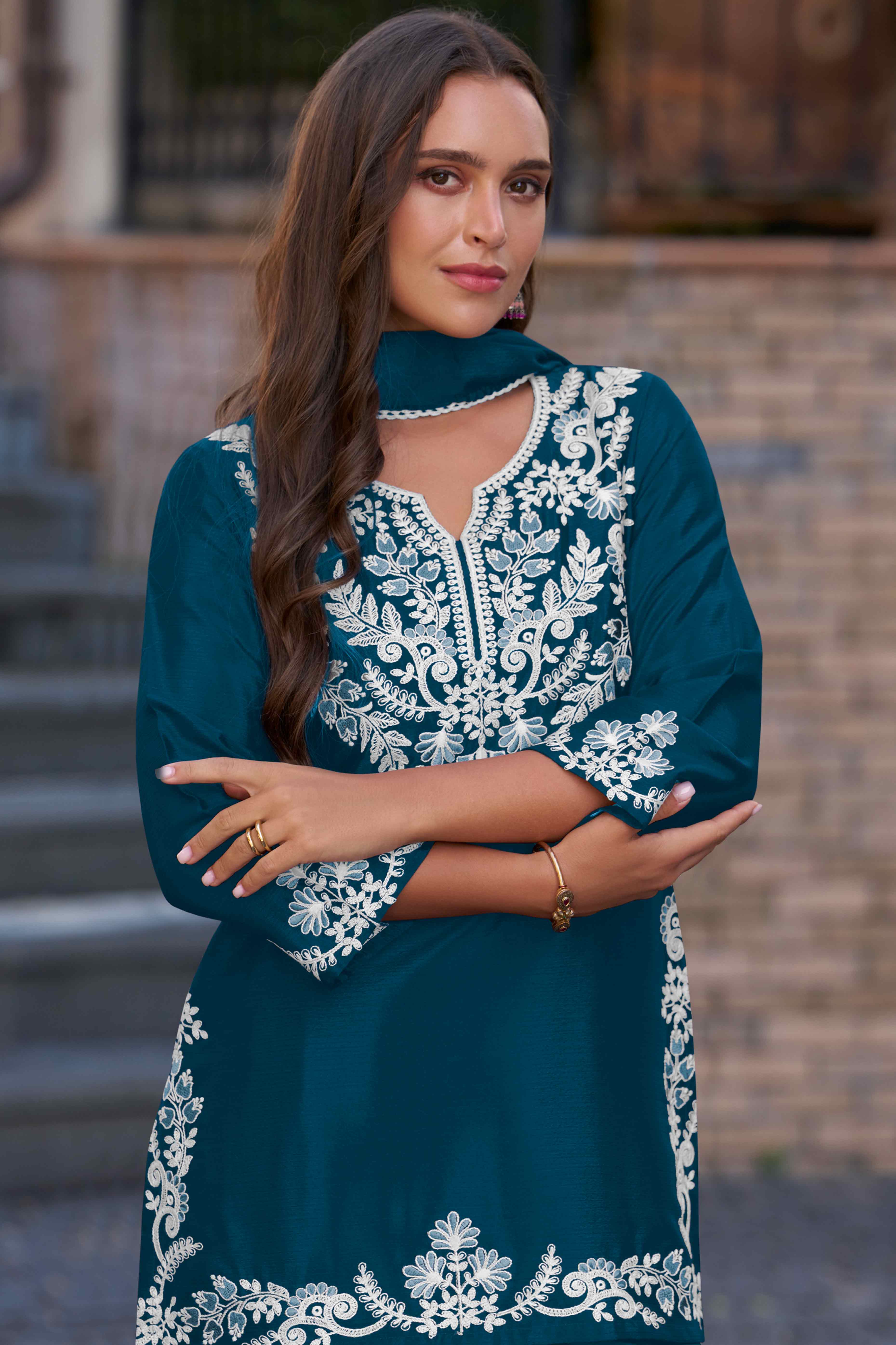 Elegant Teal Chinon Sharara Suit with Intricate Floral Embroidery