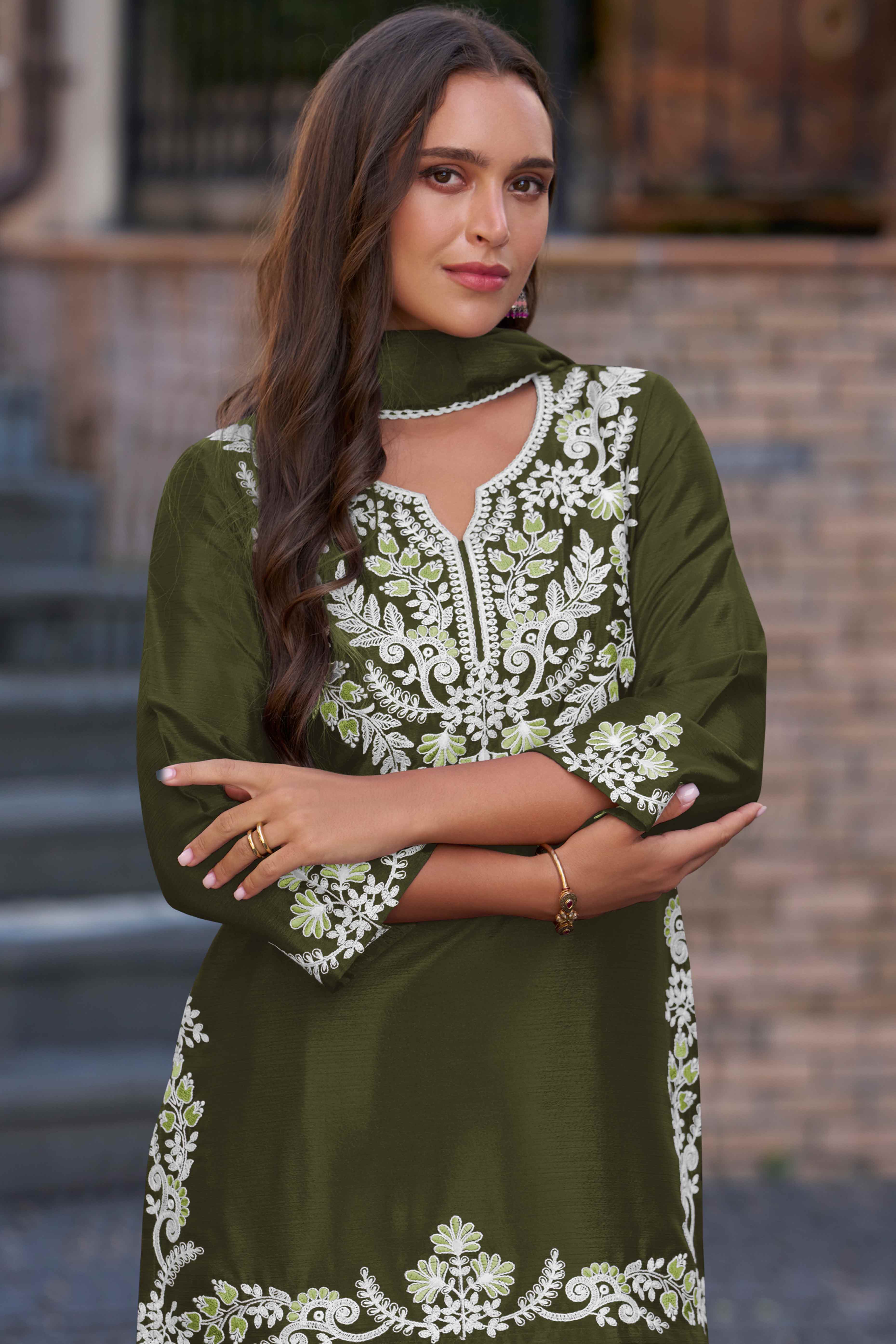 Elegant Olive Chinon Sharara Suit with Intricate Floral Embroidery