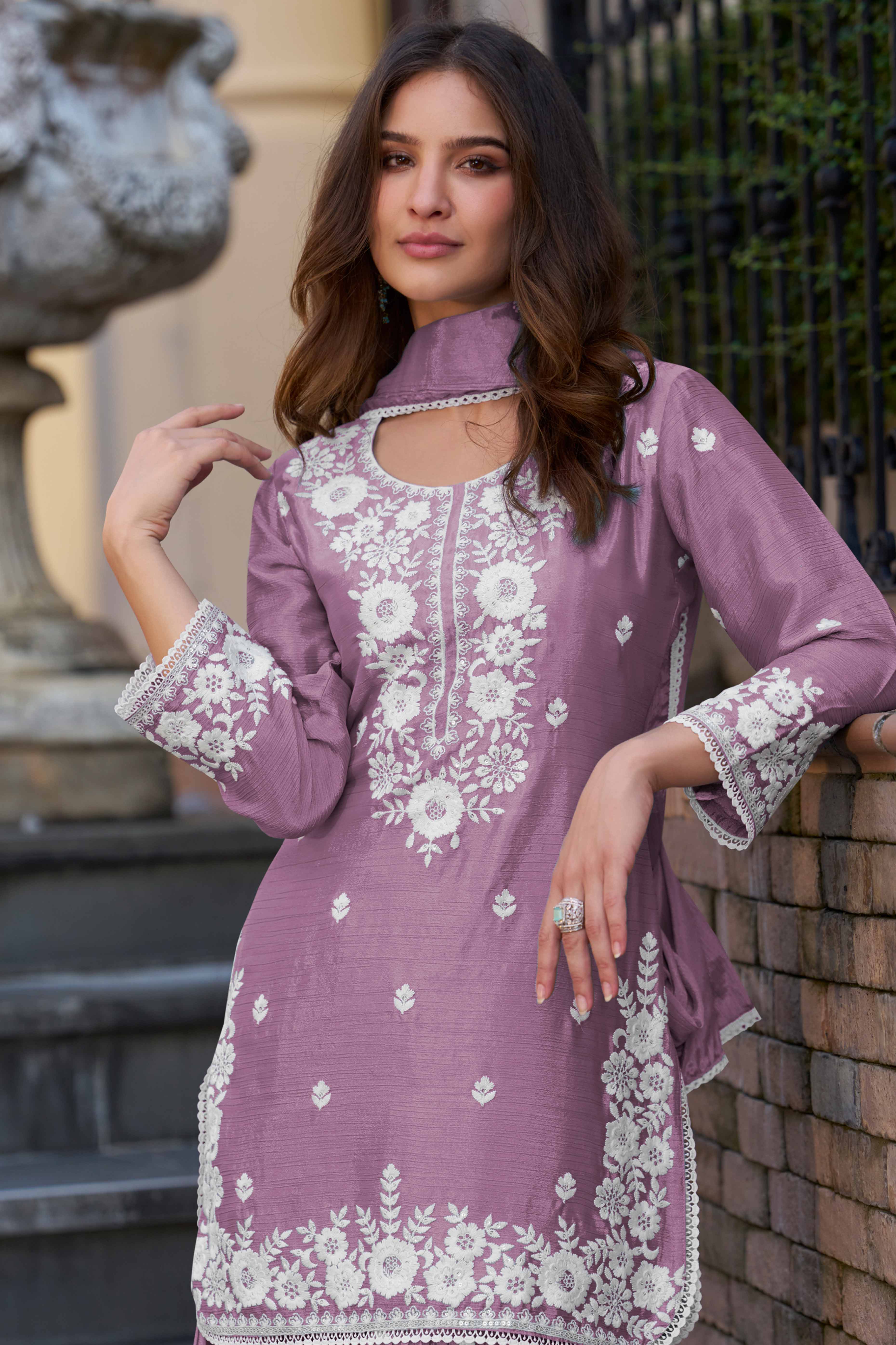 Purple Floral Luxe Embroidered Chinon Sharara Suit