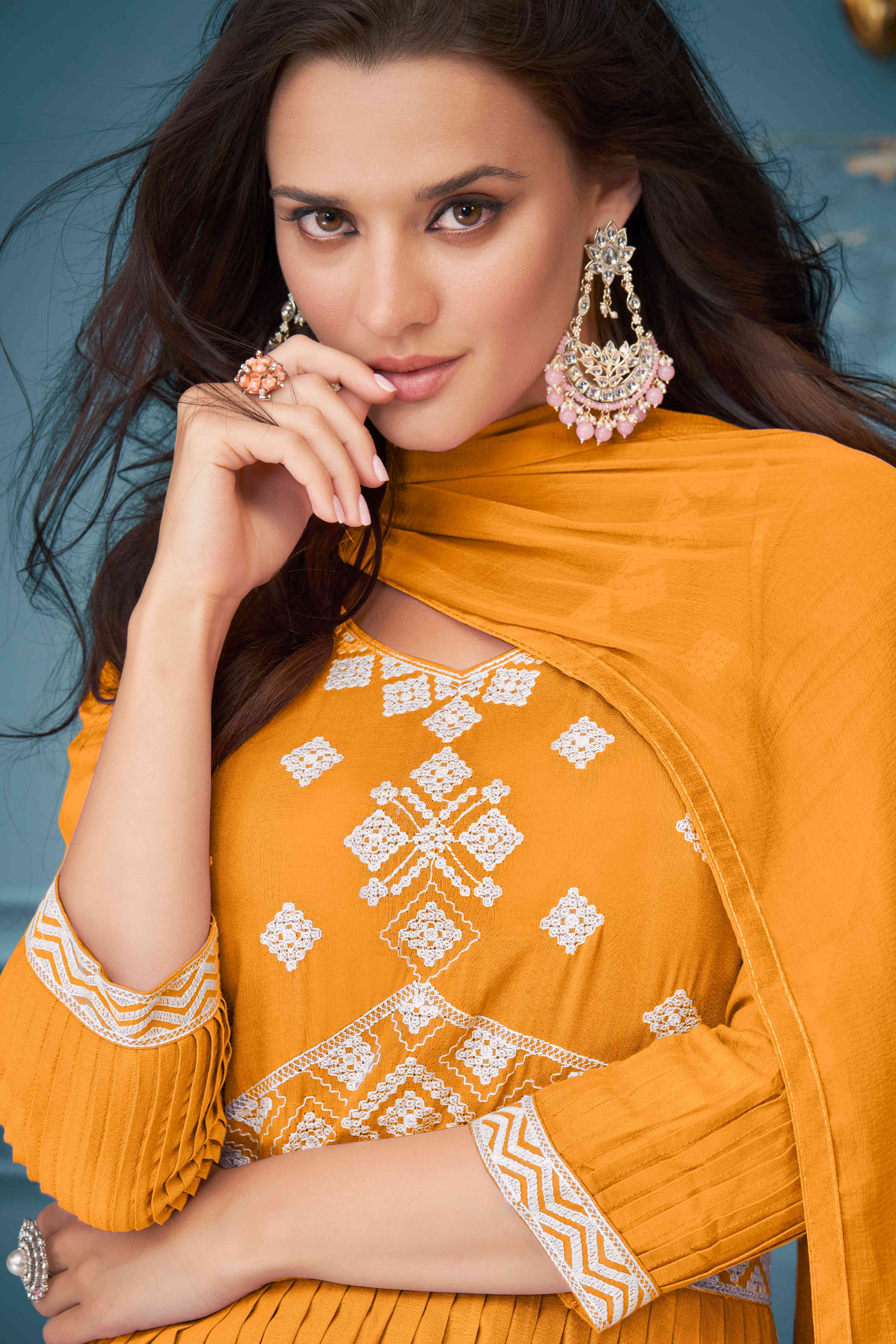 Orange Floral Embroidered Rayon Palazzo Suit