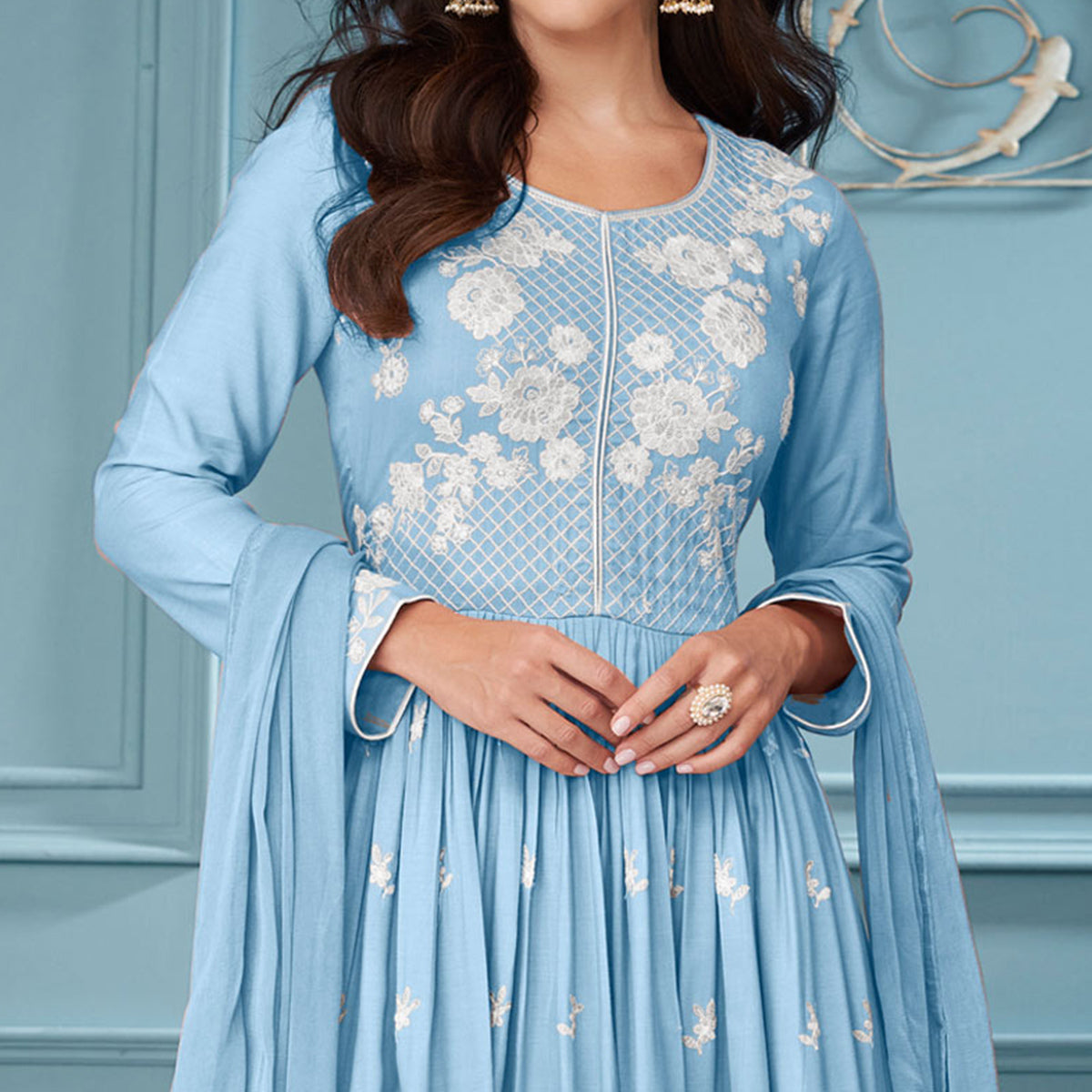 Blue Lucknowi Embroidered Rayon Palazzo Suit