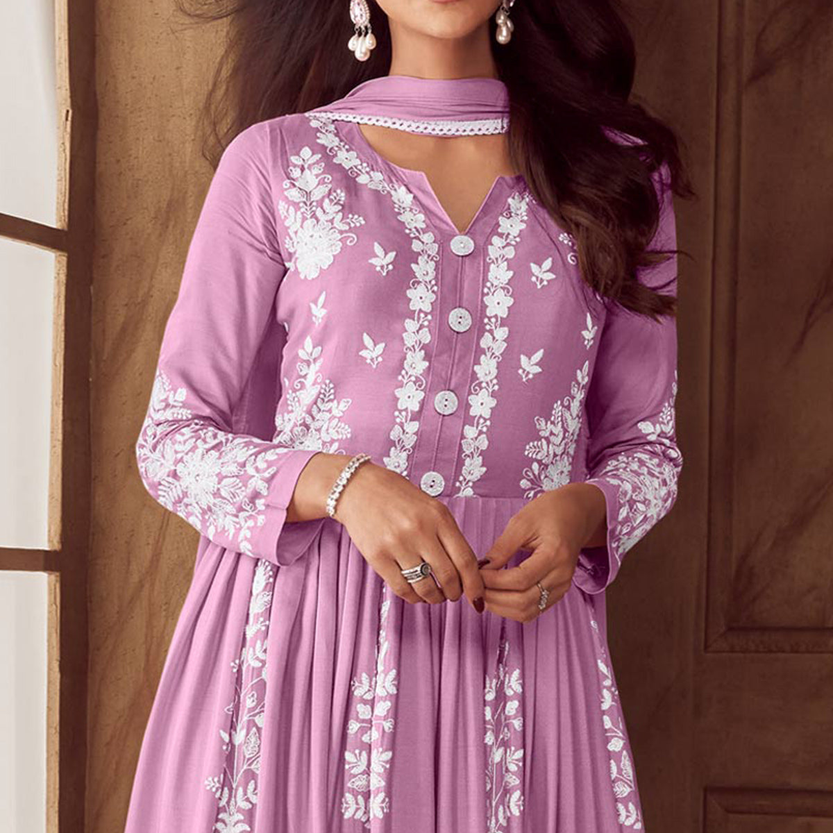 Pink Lucknowi Embroidered Rayon Palazzo Suit