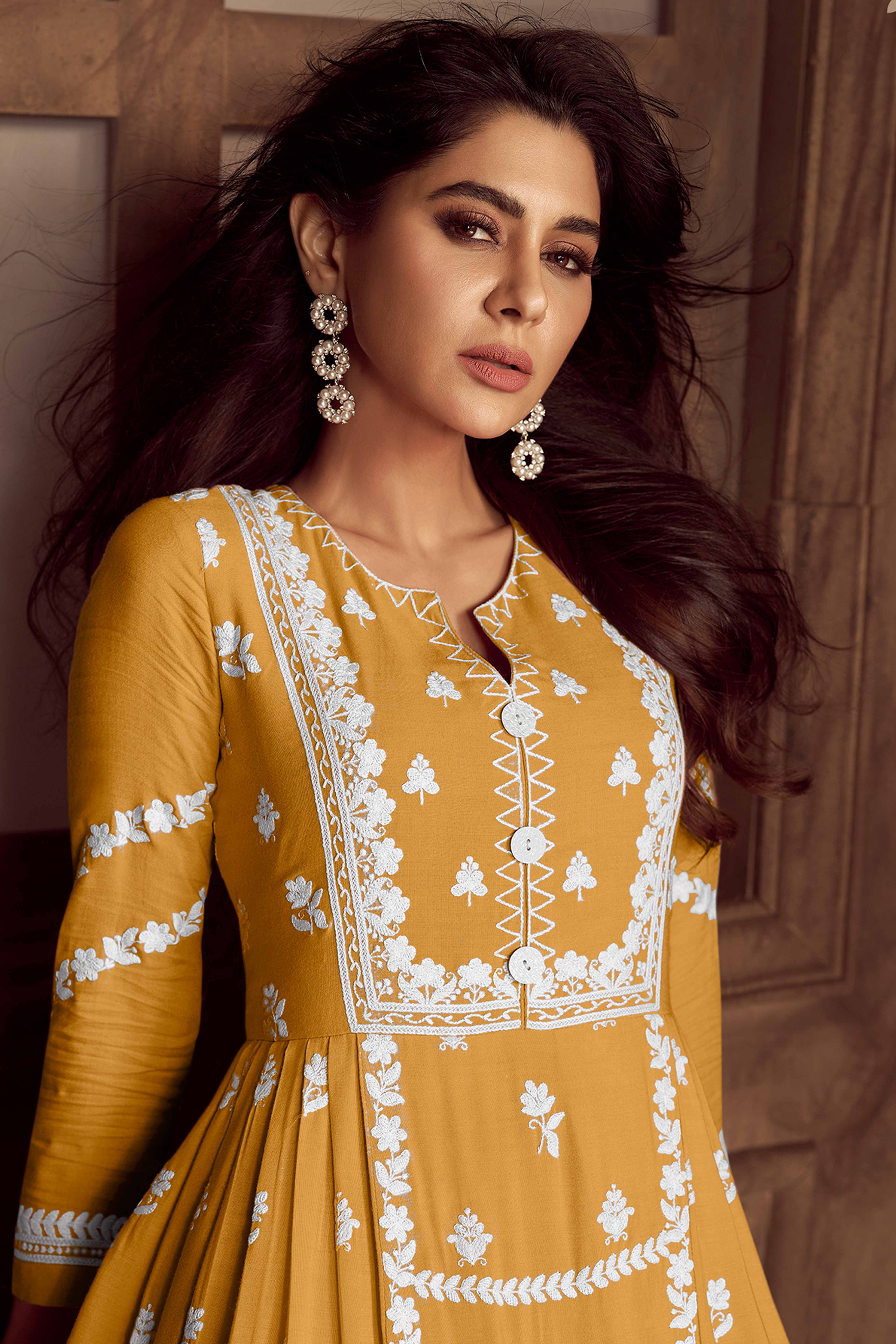 Elegant Mustard Lucknowi Embroidered Rayon Suit with Palazzo