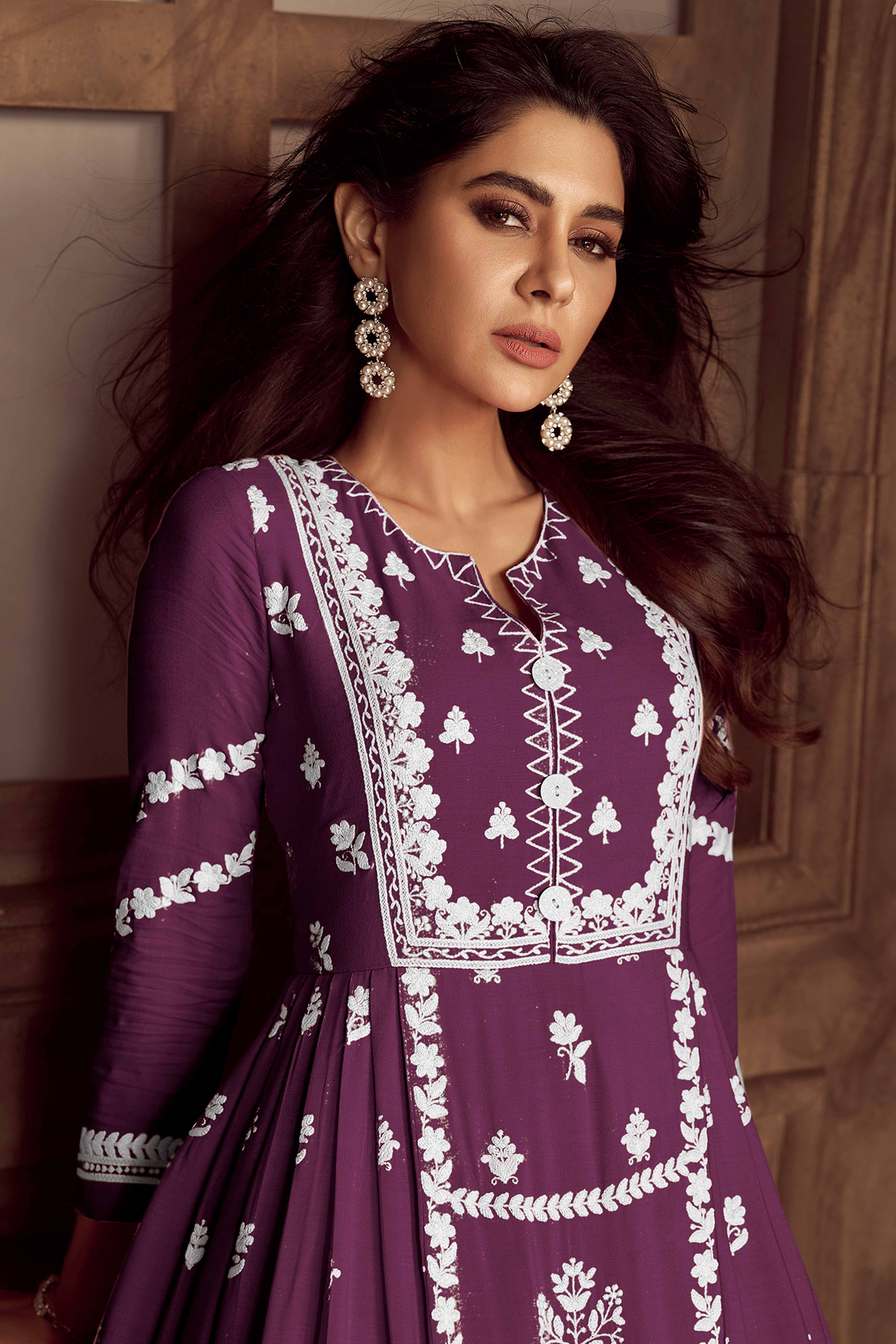 Elegant Purple Lucknowi Embroidered Rayon Suit with Palazzo