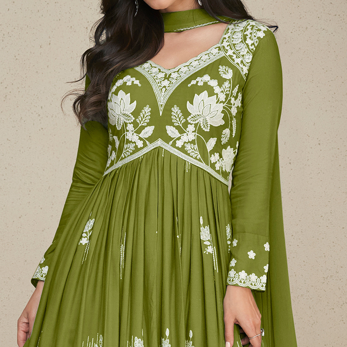 Green Lucknowi Embroidered Rayon Palazzo Suit