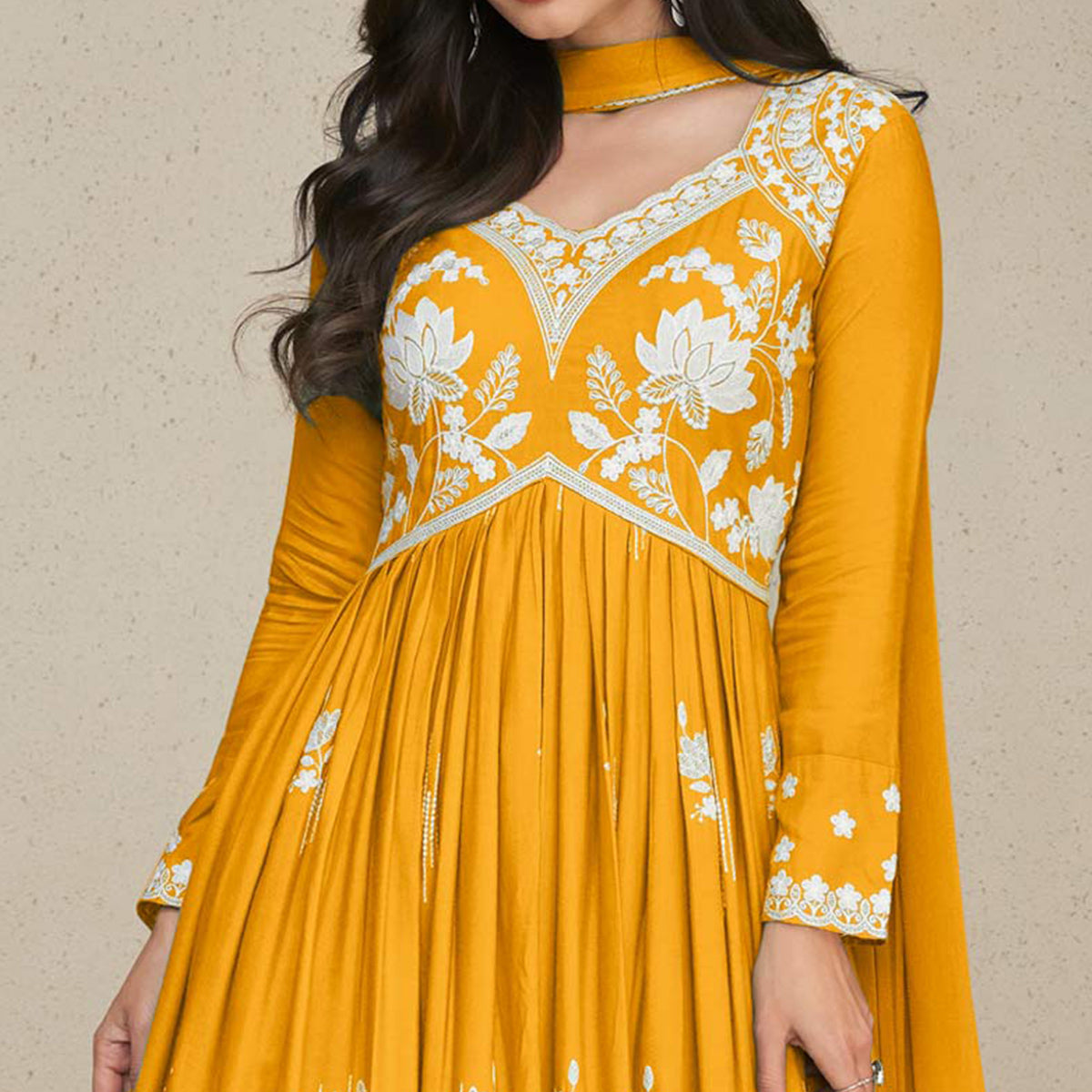 Mustard Lucknowi Embroidered Rayon Palazzo Suit