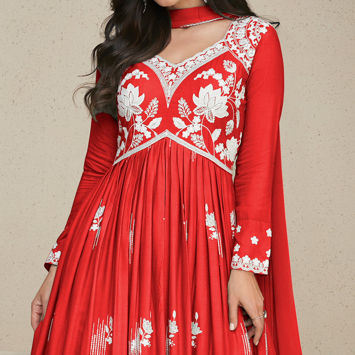 Red Lucknowi Embroidered Rayon Palazzo Suit