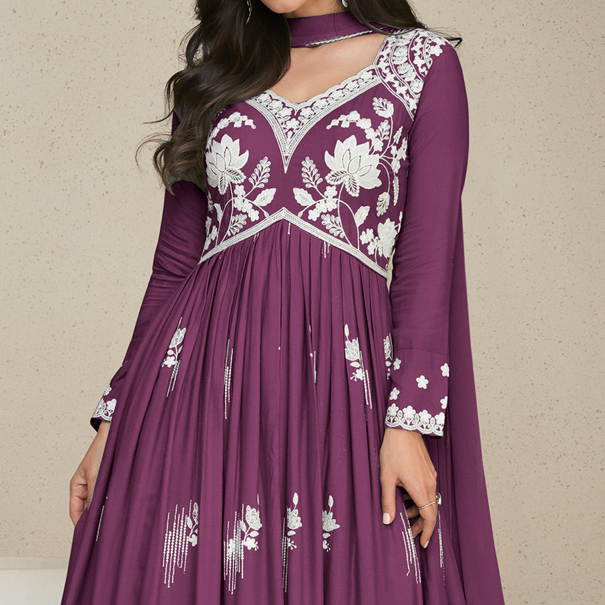 Wine Lucknowi Embroidered Rayon Palazzo Suit