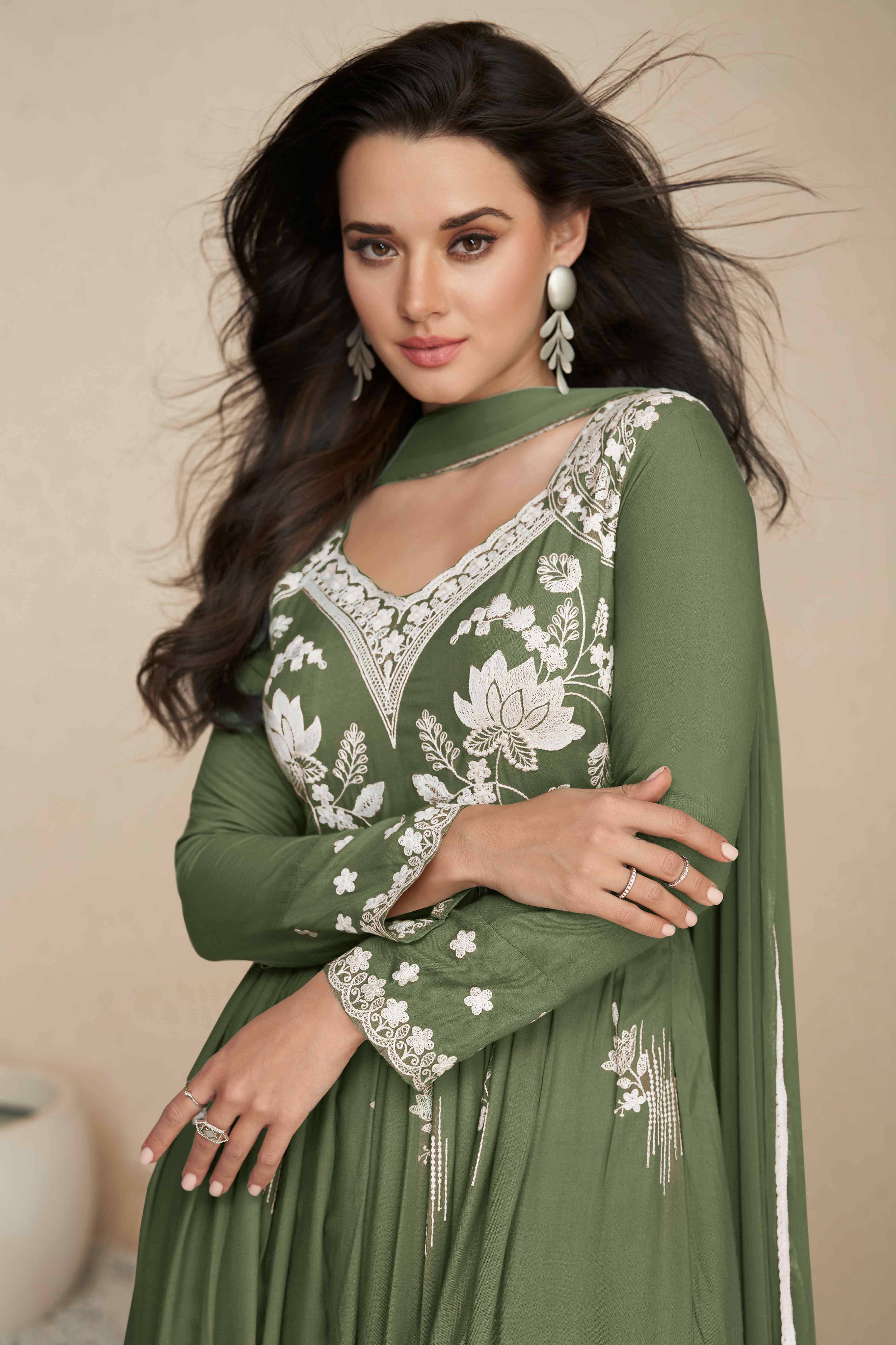 Designer Rayon Palazzo Suit in Green with Lucknowi Embellishments