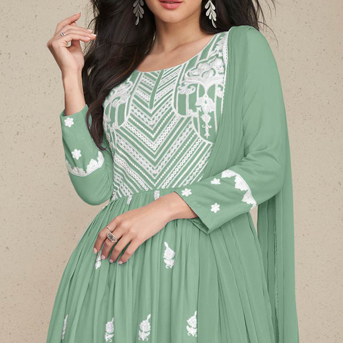 Green Lucknowi Embroidered Rayon Palazzo Suit