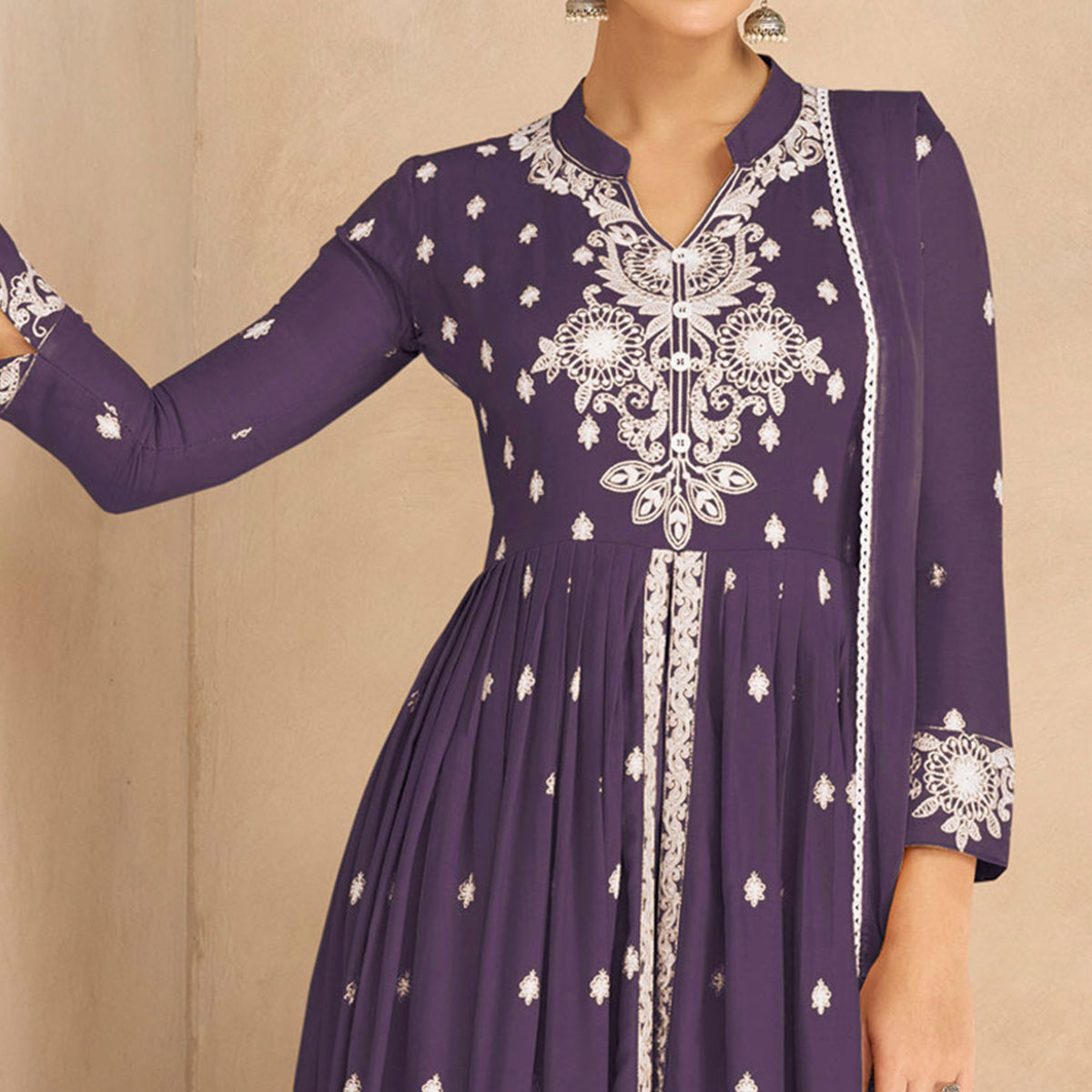 Purple Floral Embroidered Rayon Palazzo Suit