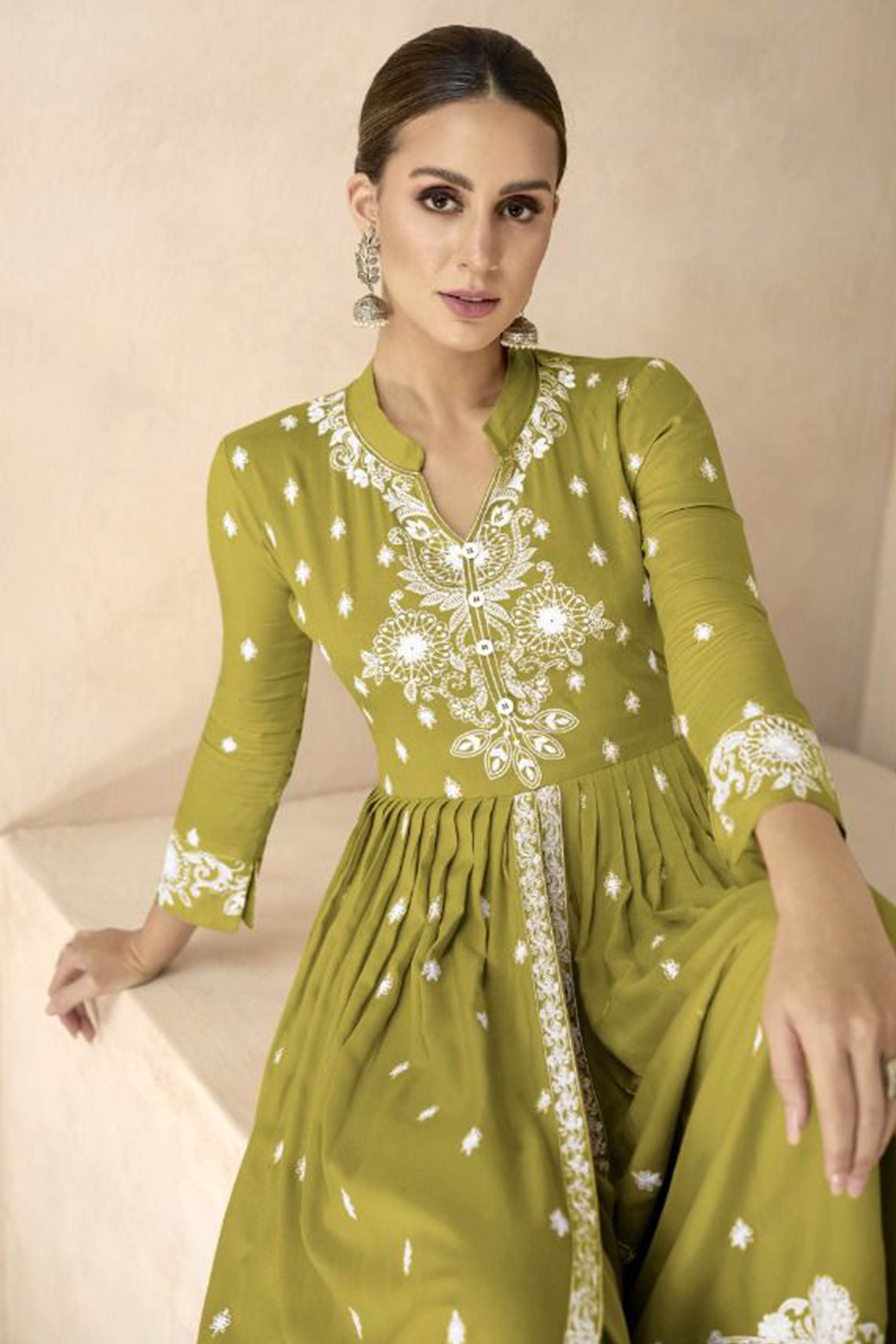Light Green Floral Embroidered Rayon Palazzo Suit