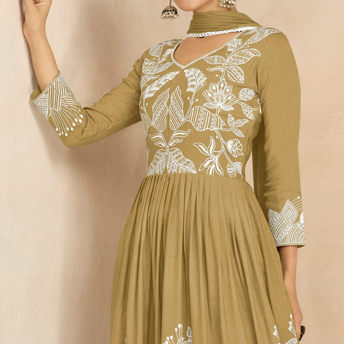 Olive Floral Embroidered Rayon Palazzo Suit