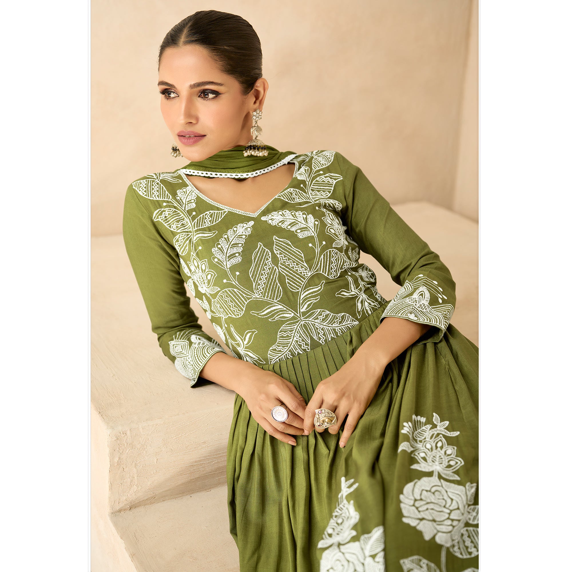 Mehendi Green Floral Embroidered Rayon Palazzo Suit