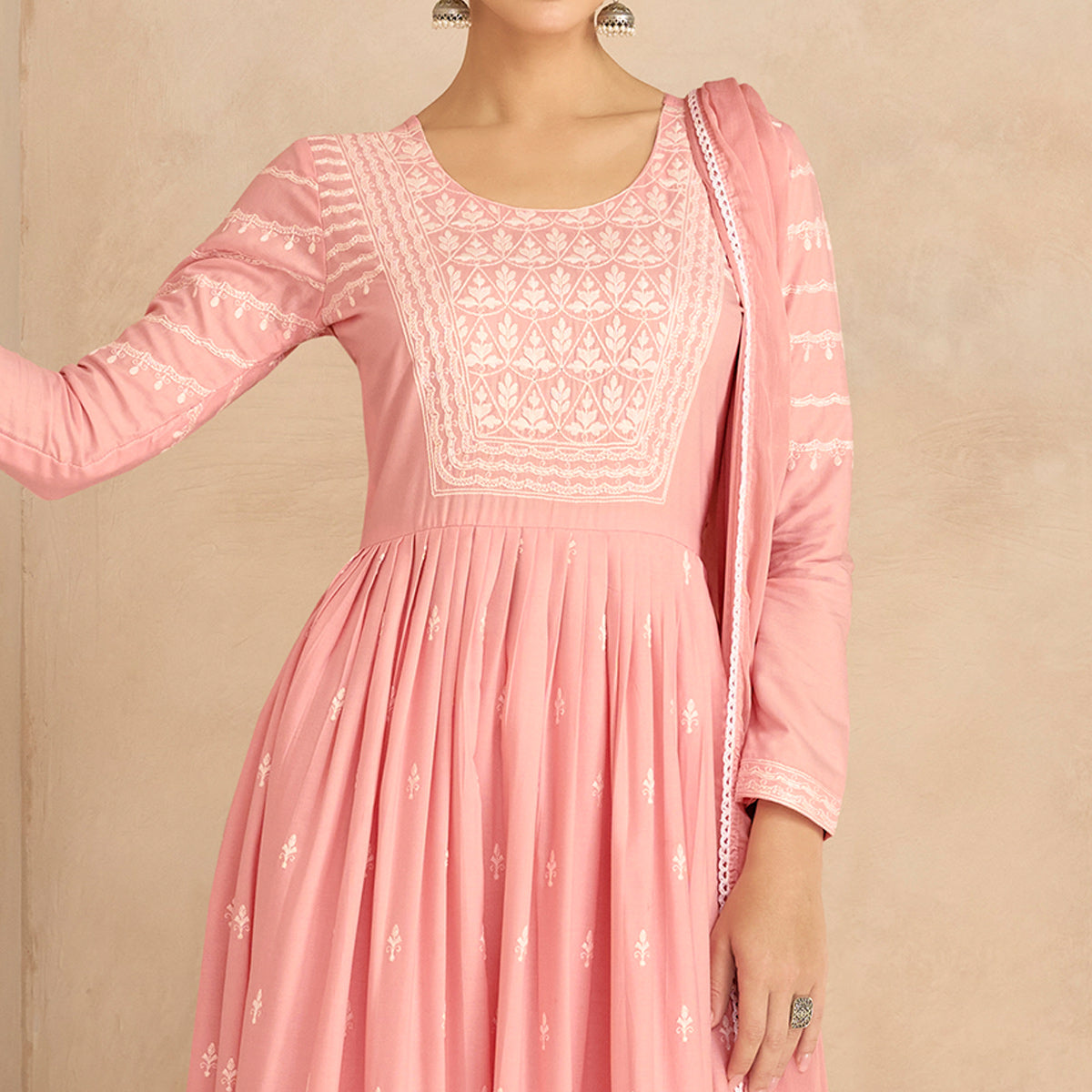 Pink Floral Embroidered Rayon Palazzo Suit