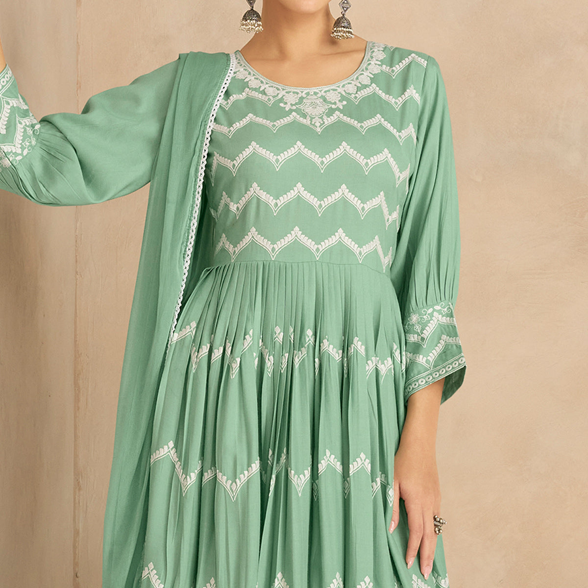 Green Floral Embroidered Rayon Palazzo Suit