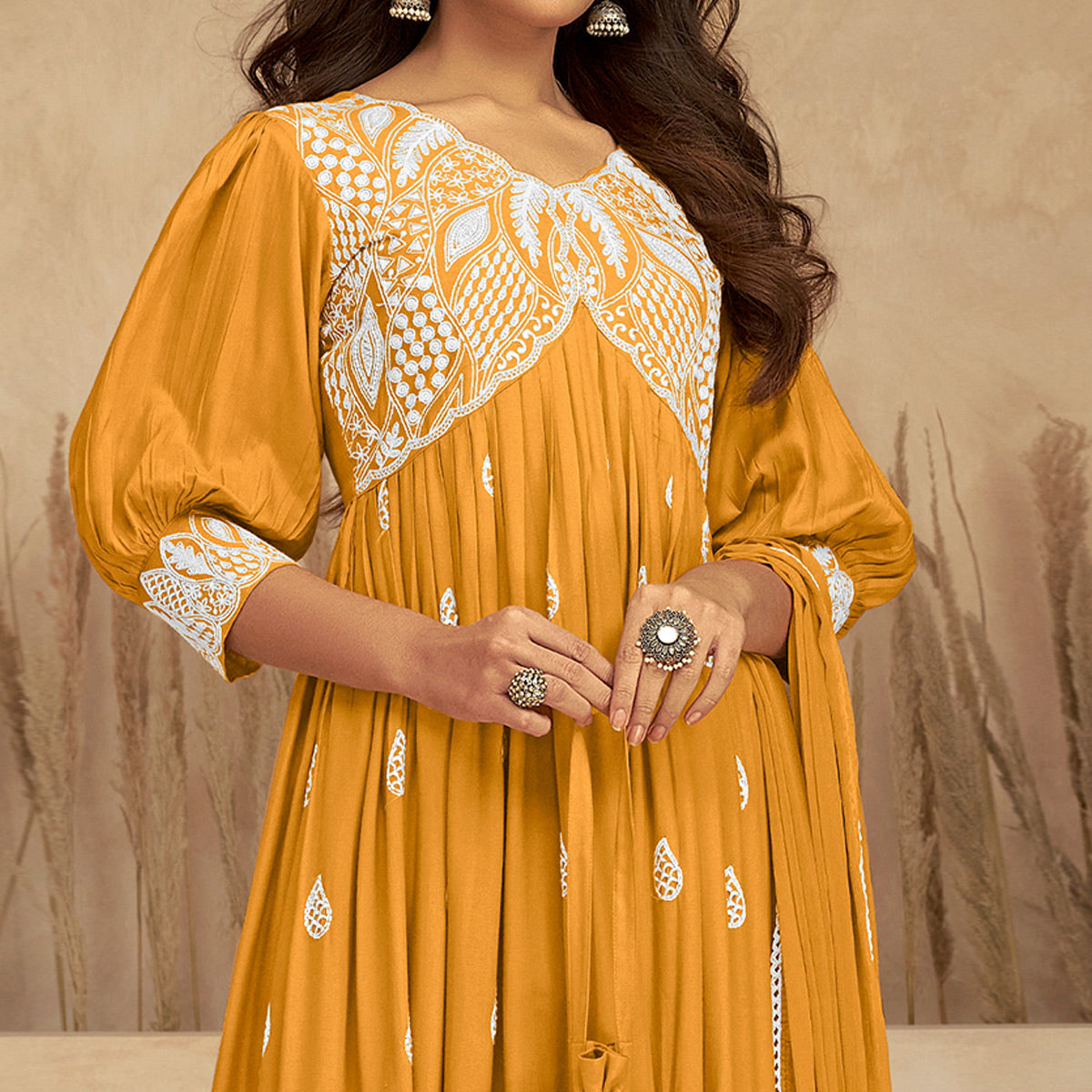 Mustard Floral Embroidered Rayon Suit