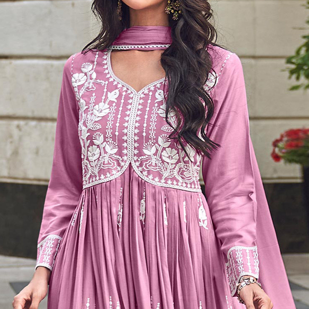 Pink Lucknowi Embroidered Rayon Palazzo Suit