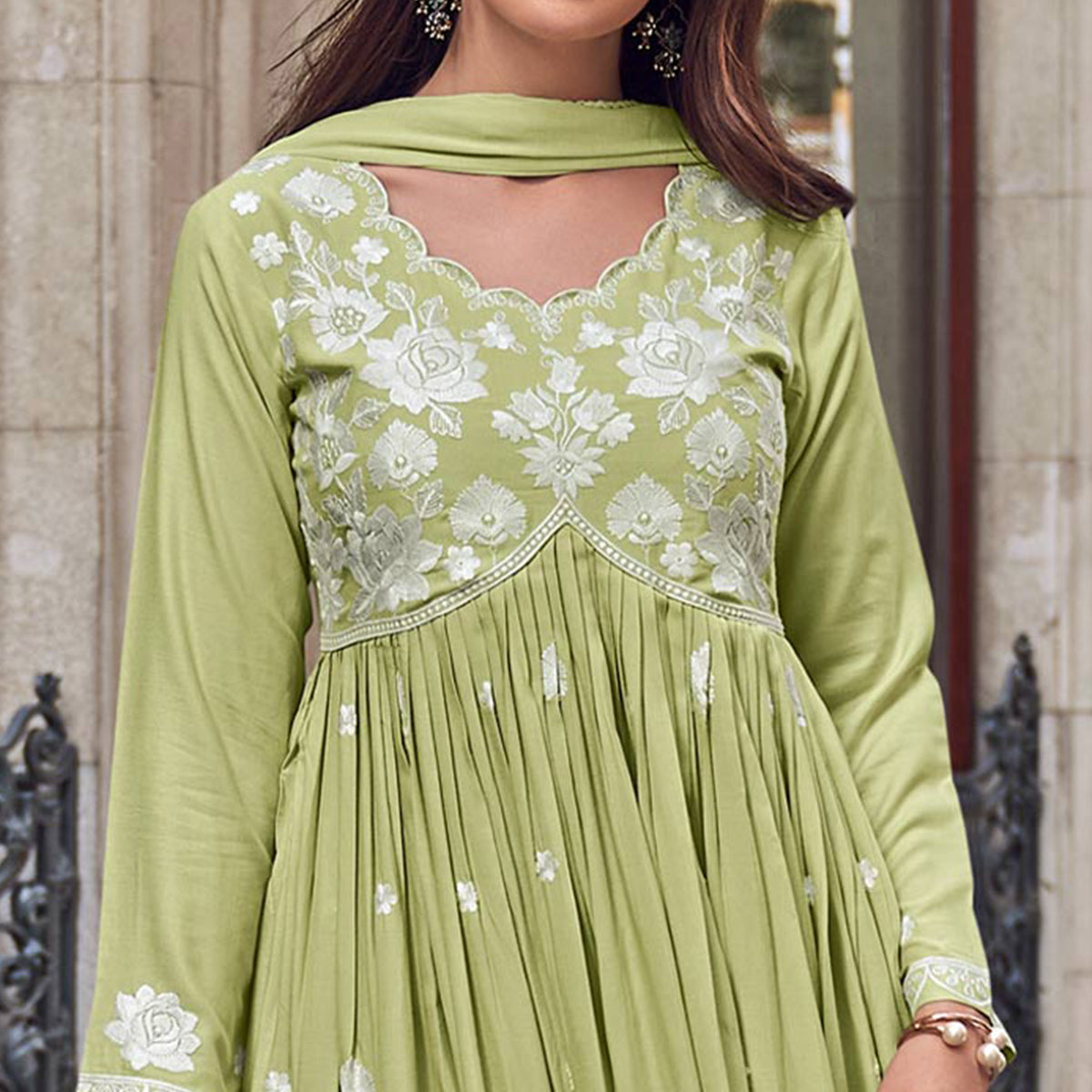 Light Green Lucknowi Embroidered Rayon Palazzo Suit