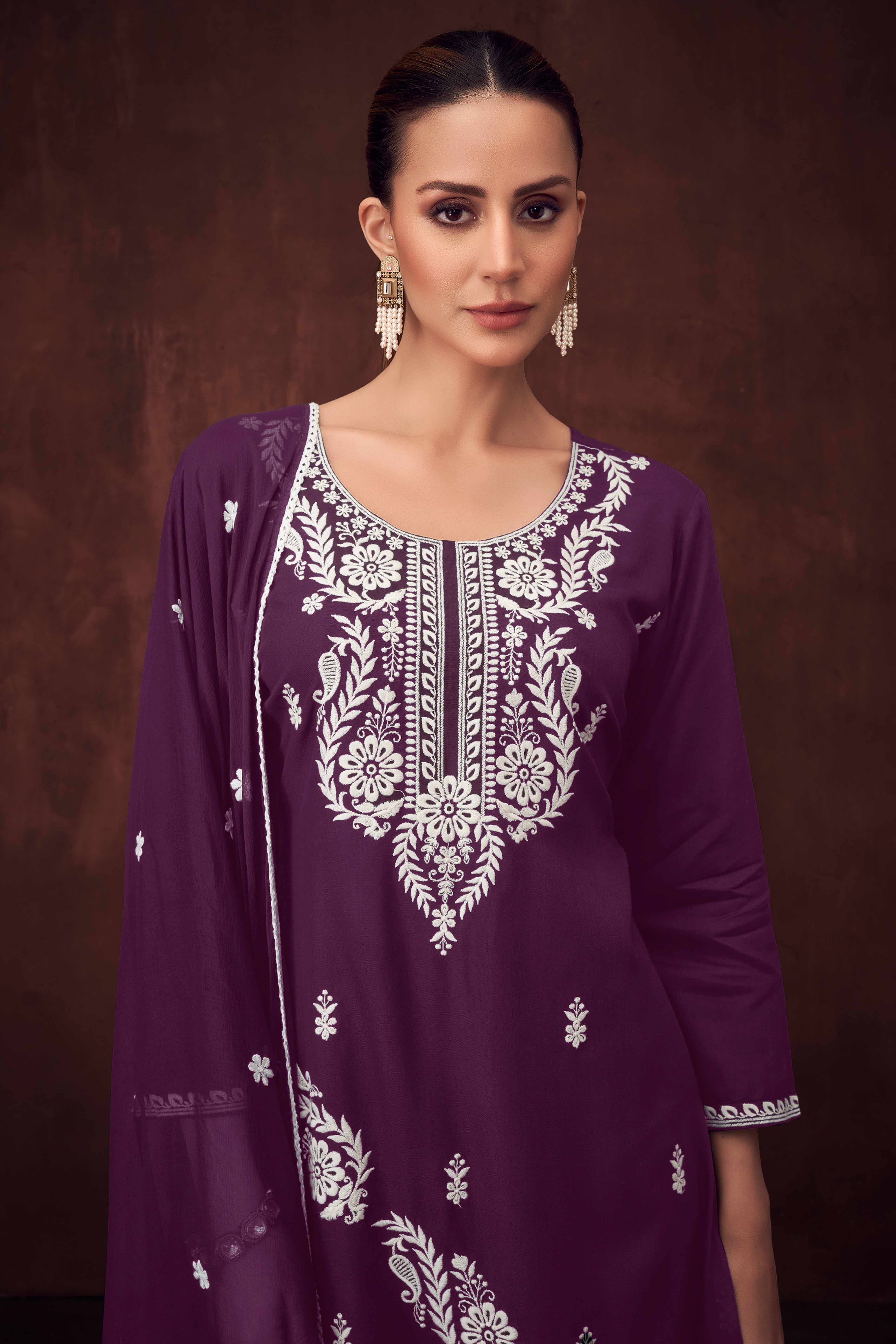 Elegant Deep Purple Straight Suit in Rayon with Embroidered Florals
