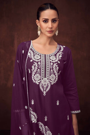 Elegant Deep Purple Straight Suit in Rayon with Embroidered Florals