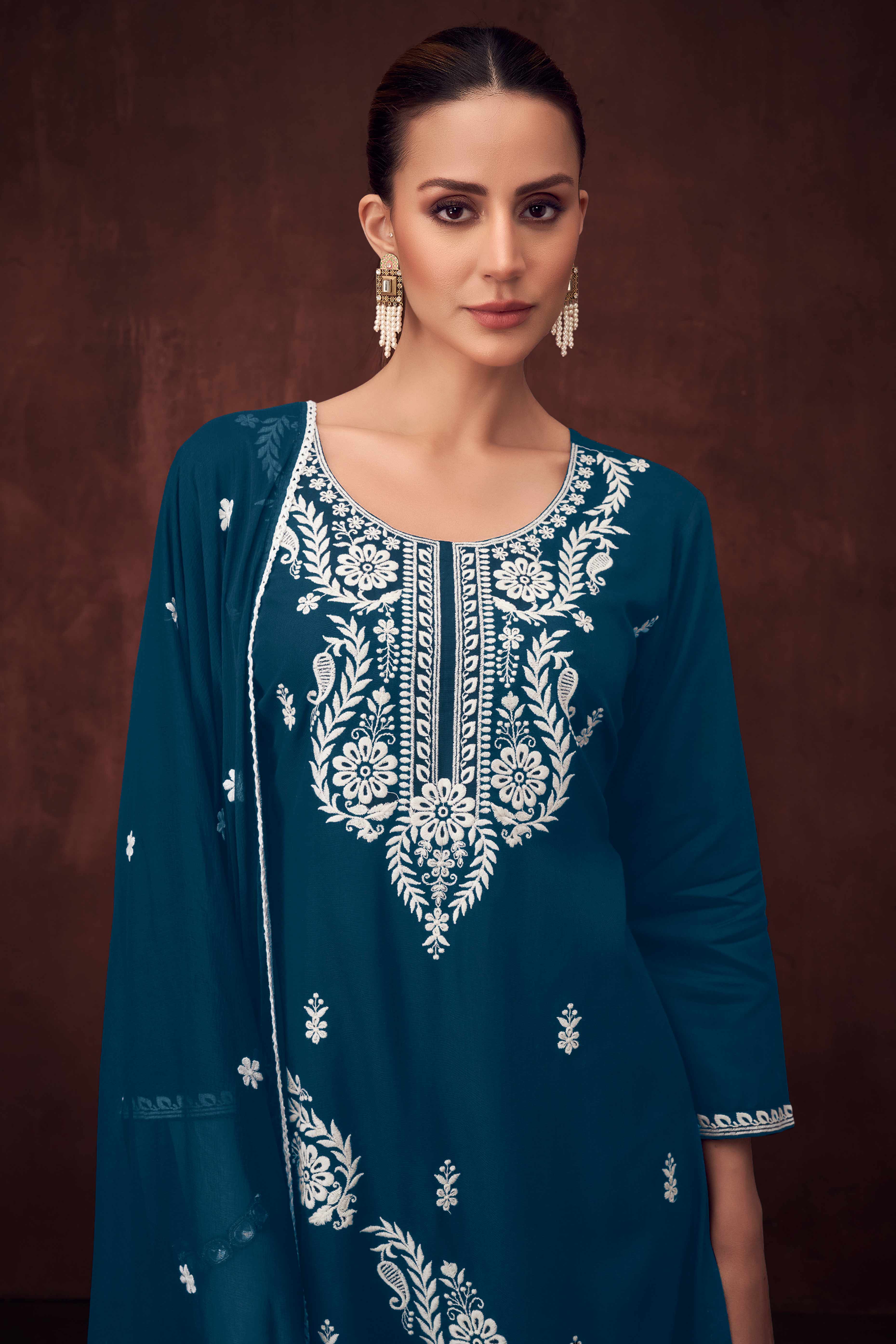 Elegant Teal Straight Suit in Rayon with Embroidered Florals