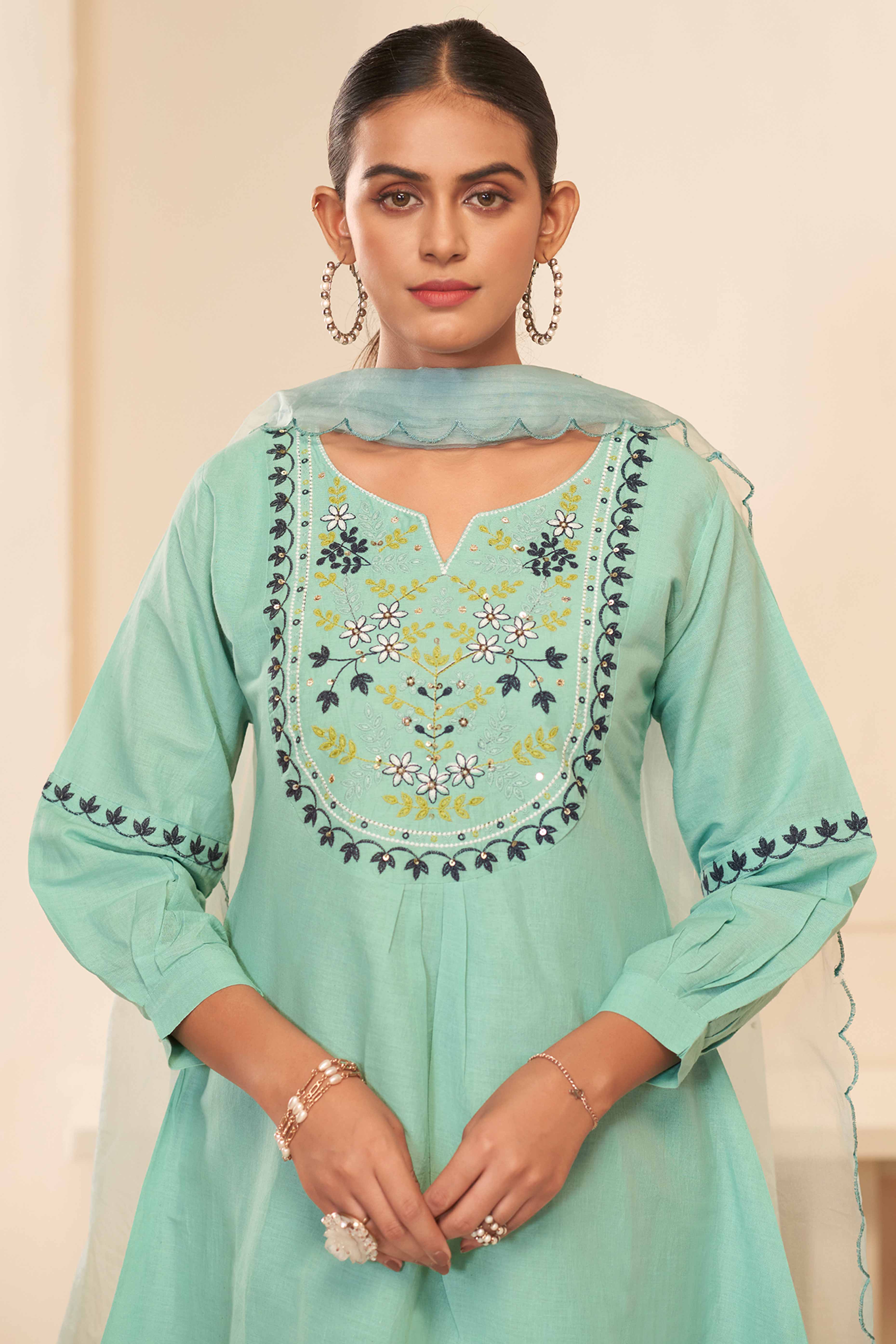 Mint Green Cambric Cotton Suit with Delicate Floral Embroidery
