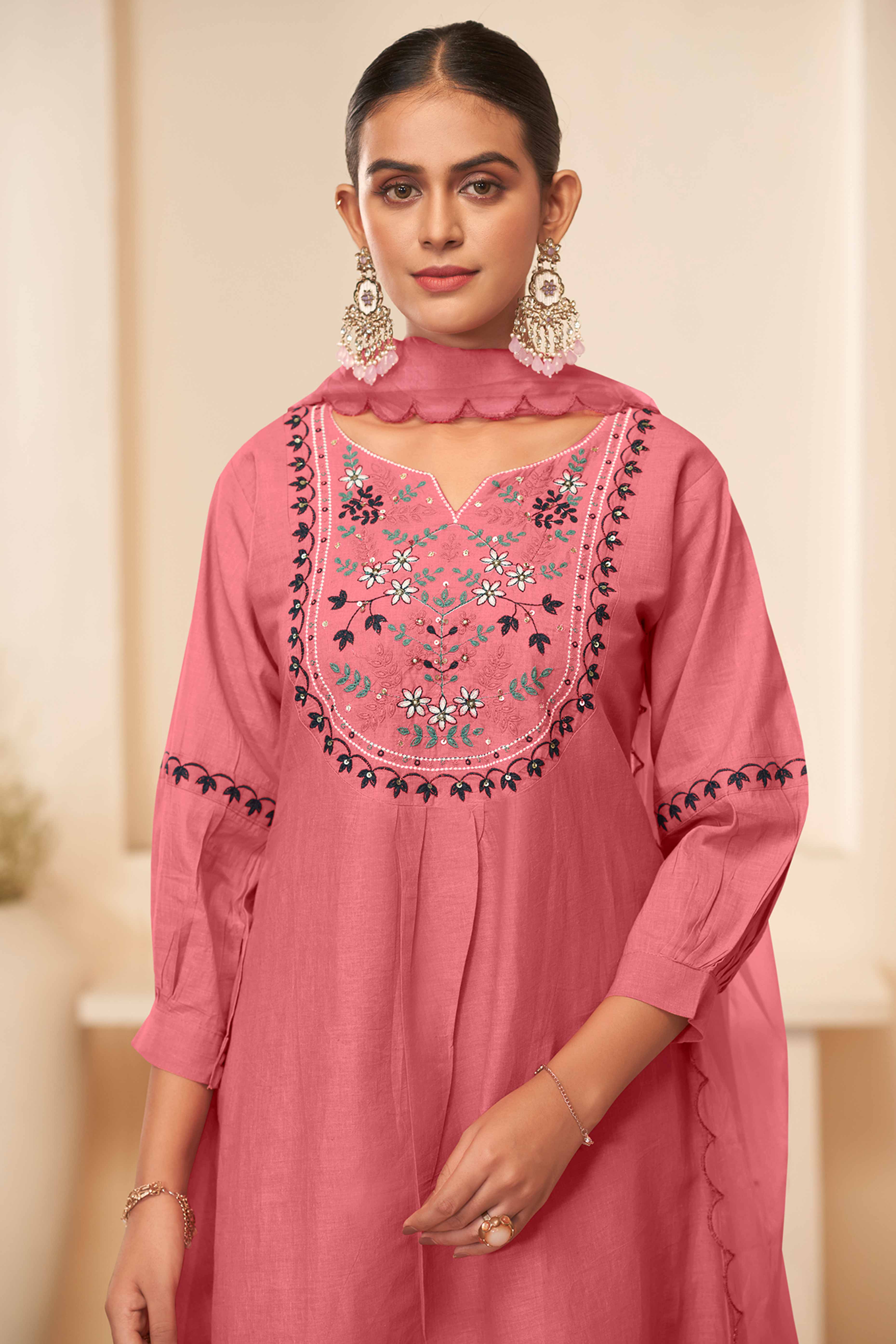 Dusty Rose Pink Cambric Cotton Suit with Delicate Floral Embroidery