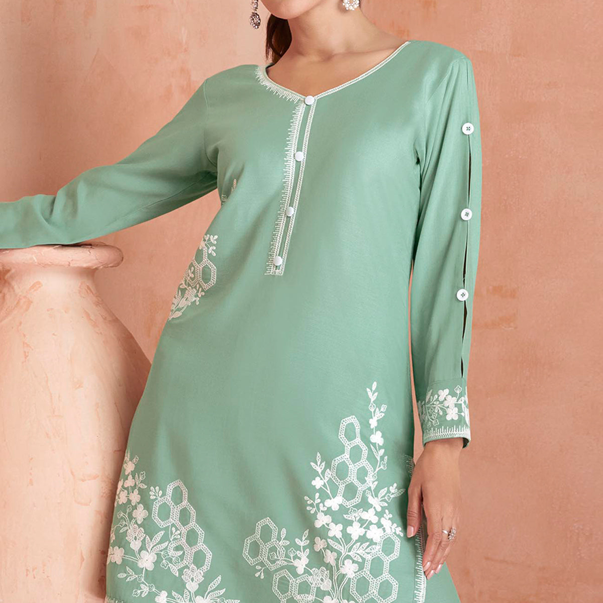 Green Floral Embroidered Rayon Kurti Palazzo Suit