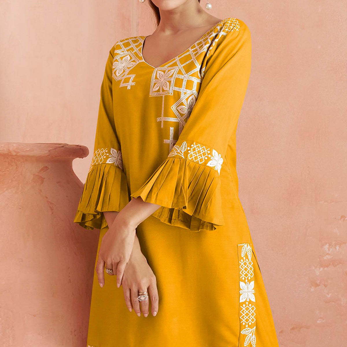 Mustard Floral Embroidered Rayon Kurti Palazzo Suit