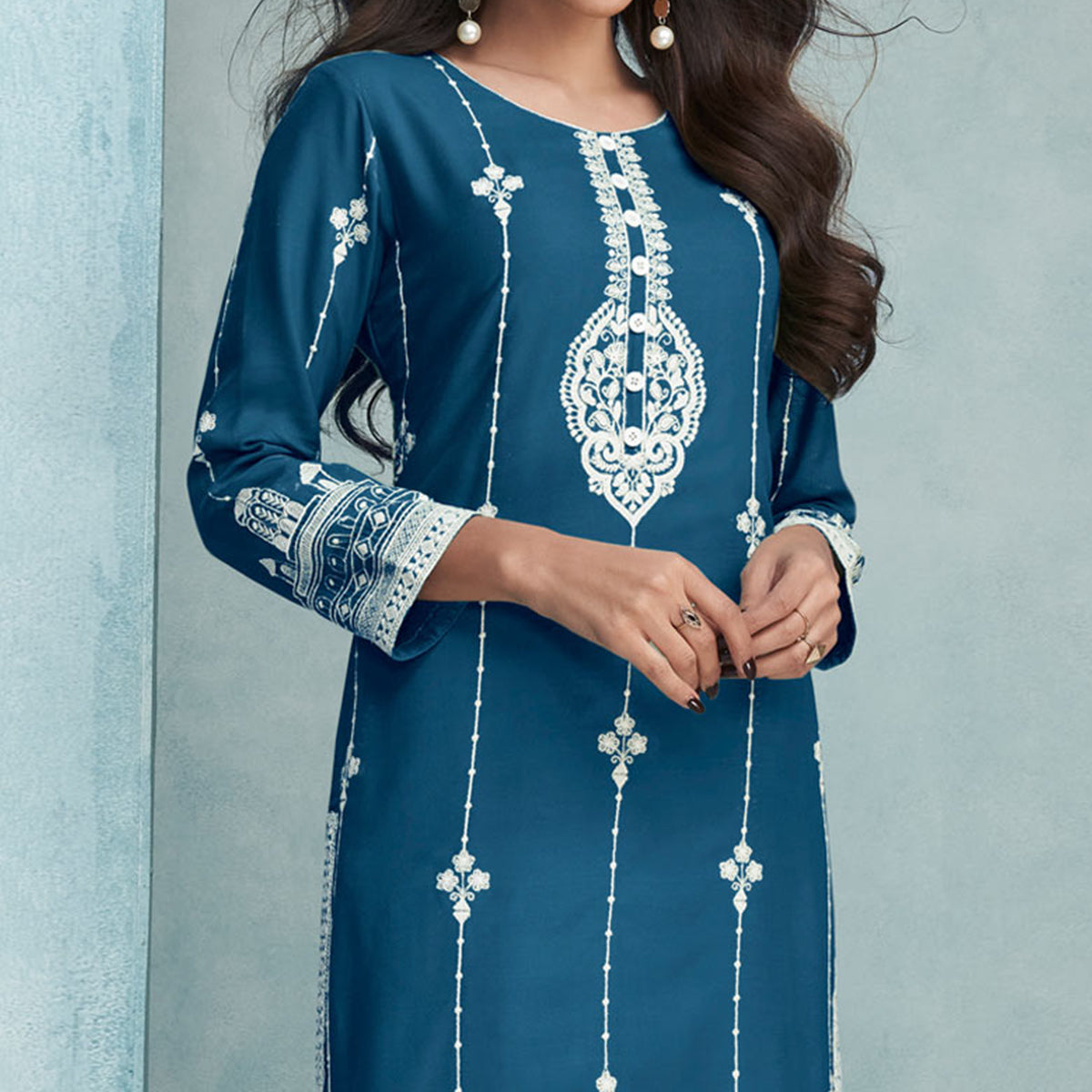 Blue Lucknowi Embroidered Rayon Kurti