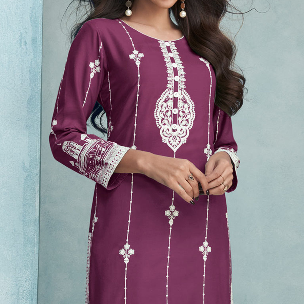 Wine Lucknowi Embroidered Rayon Kurti