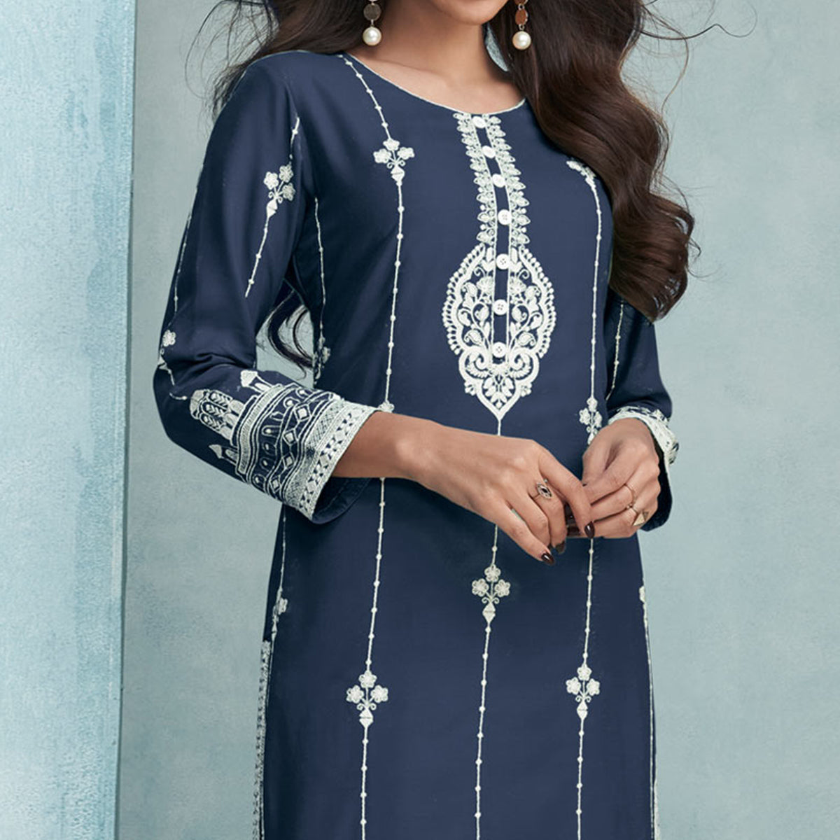 Blue Lucknowi Embroidered Rayon Kurti