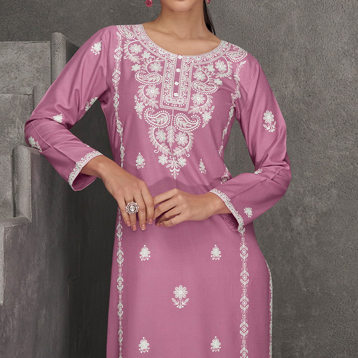 Pink Floral Embroidered Rayon Straight Kurti