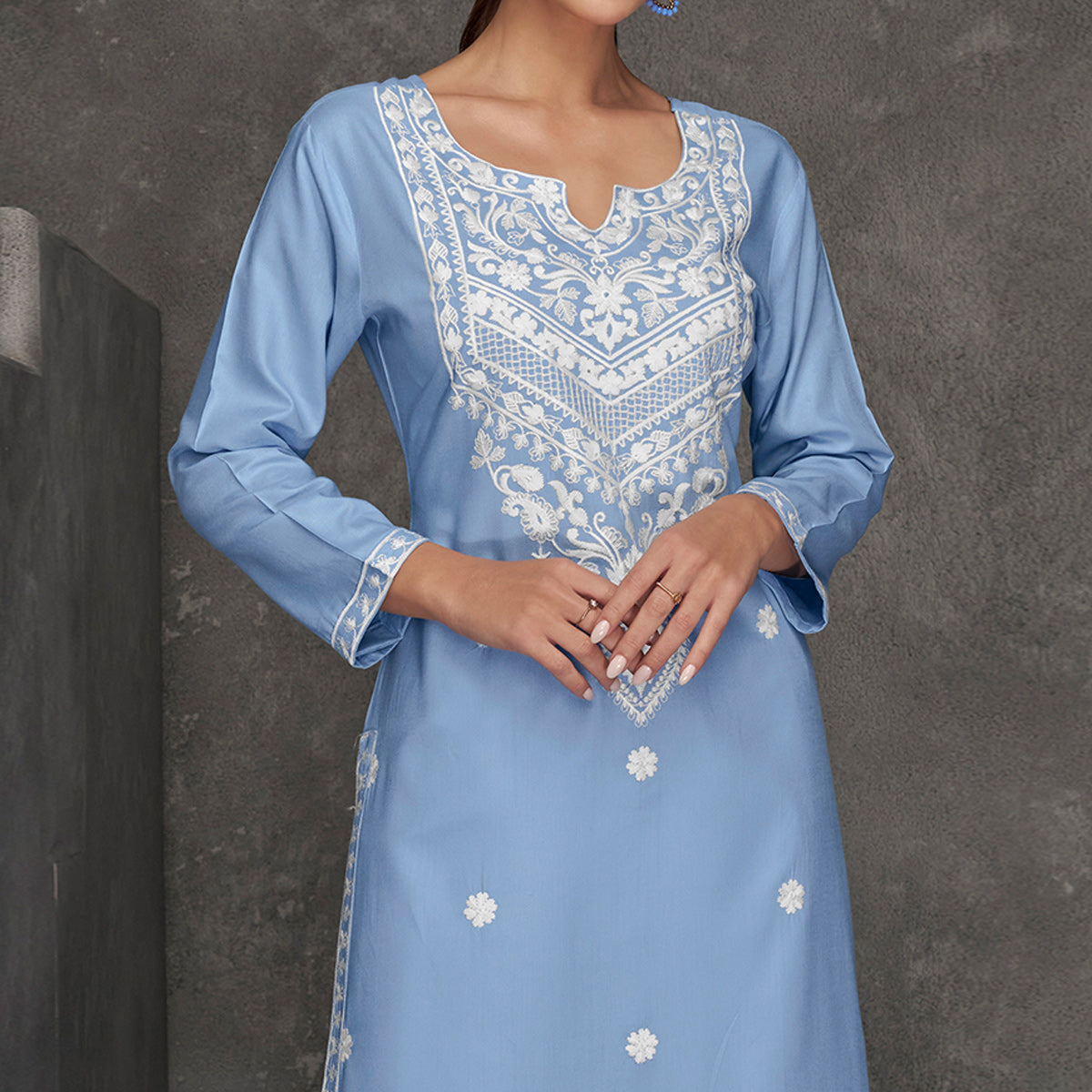 Sky Blue Floral Embroidered Rayon Straight Kurti