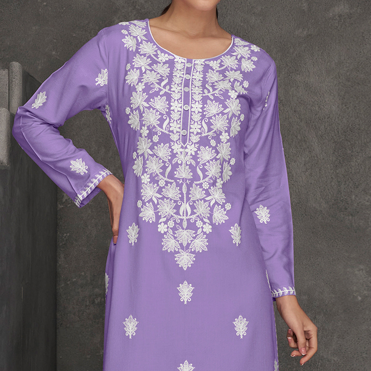 Lavender Floral Embroidered Rayon Straight Kurti