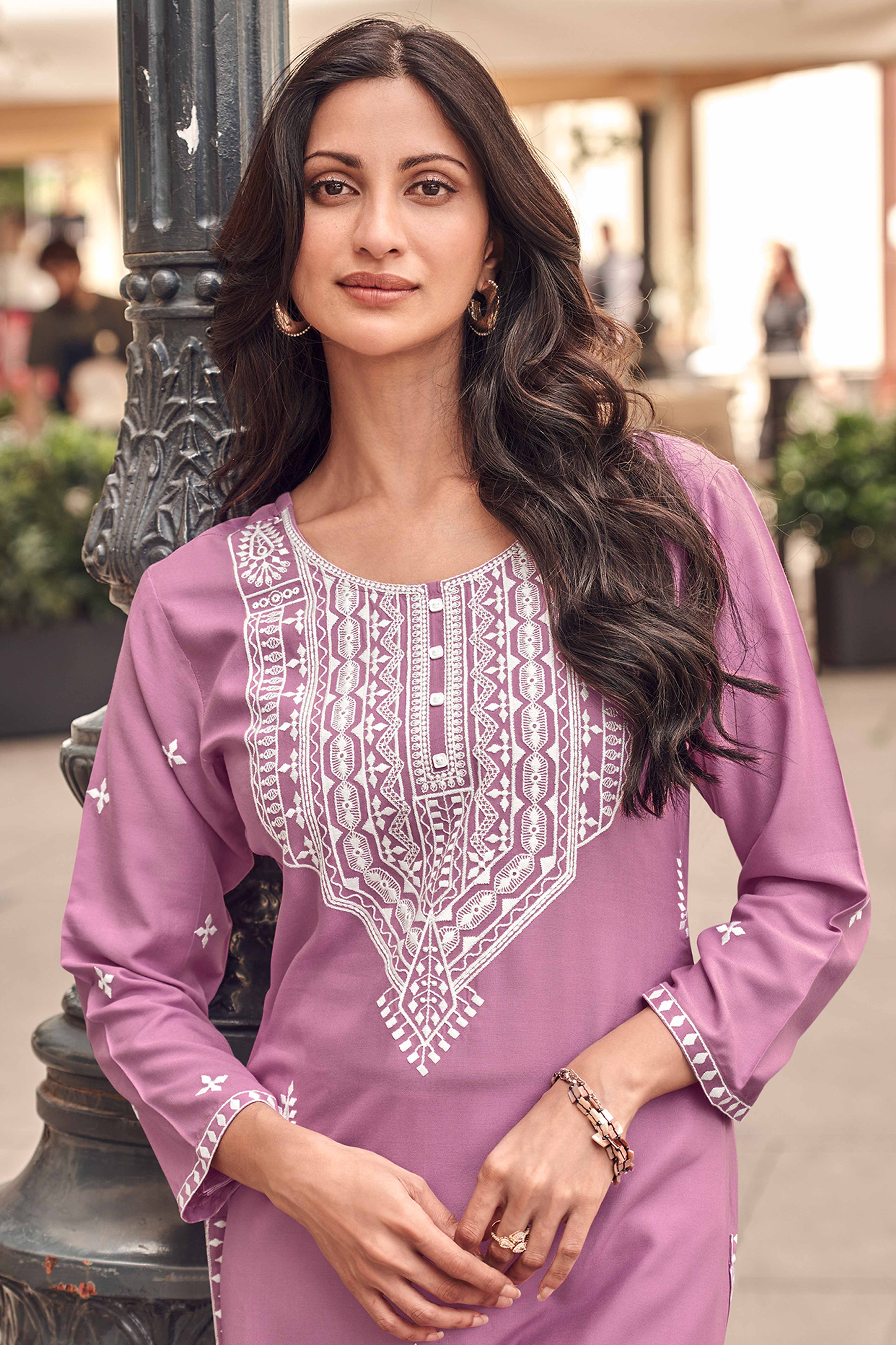 Festive Wear Pink Kurti in Rayon with Lucknowi Detailing